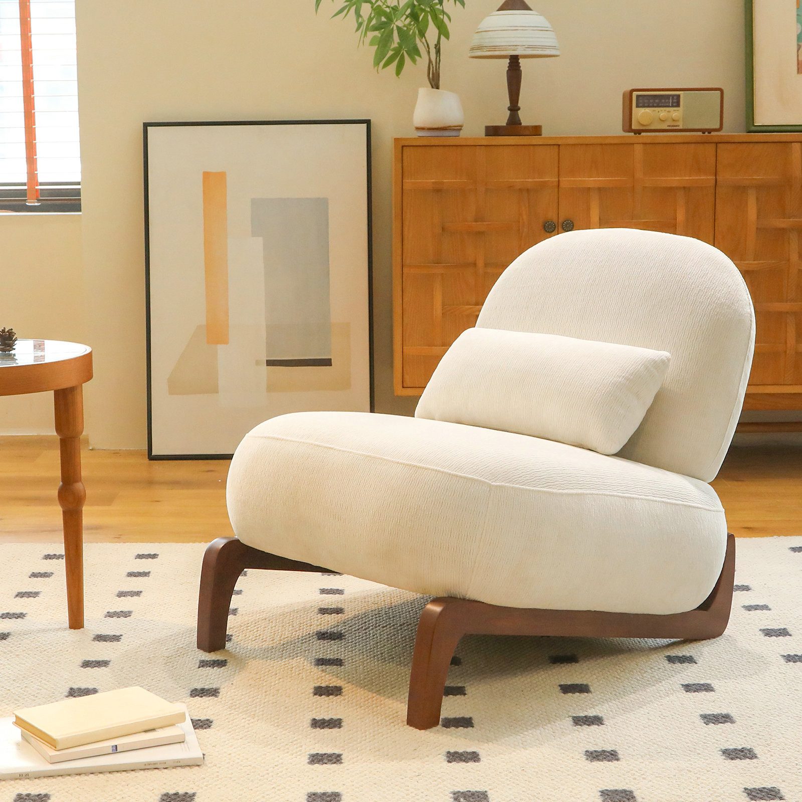 Totnz Loungesessel Akzentstuhl mit Massivholzbeinen und Kissen (Armloser Sessel aus Samt für Wohnzimmer), Schlafzimmer, Wohnung, Wartezimmer und Balkon