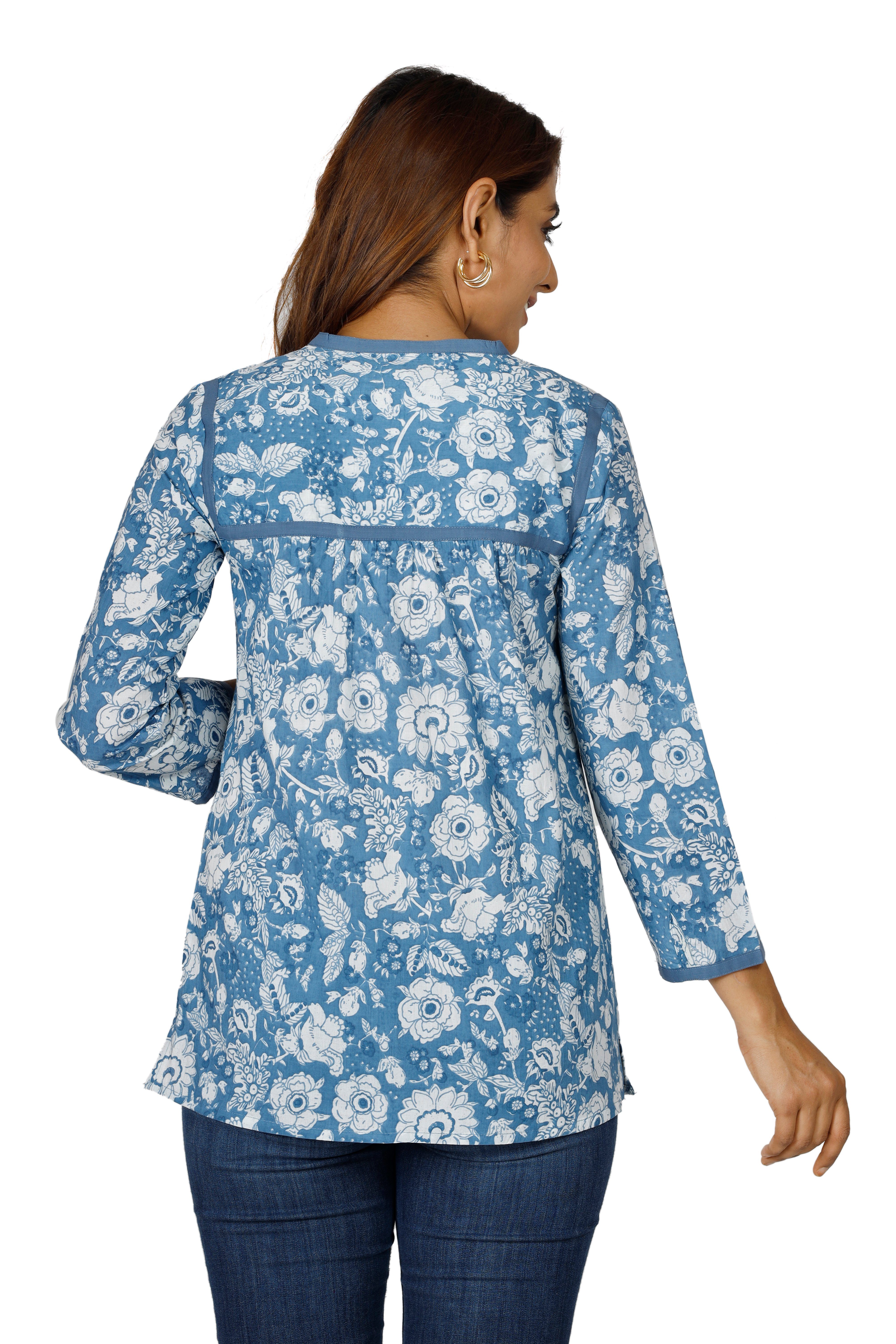 Guru-Shop Longbluse Handbedruckte Bohobluse, luftige Baumwollbluse.. alternative Bekleidung