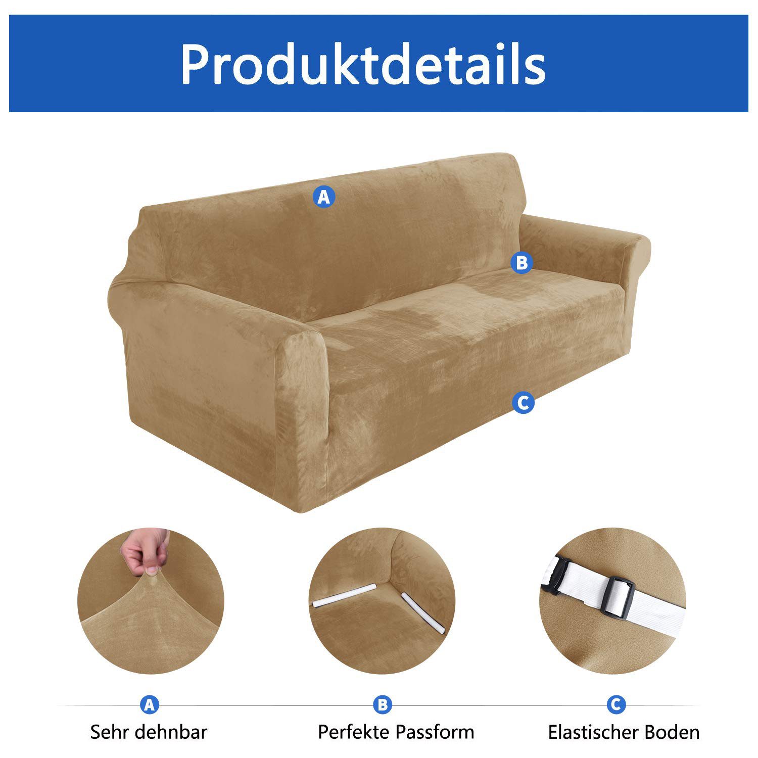 Diwzbyn Sofahusse Velvet Sofabezüge 1/2/3/4-Sitzer Stretch rutschfeste Couchbezug, für Hunde Katze Haustierfreundlich – Bild 4 von 5