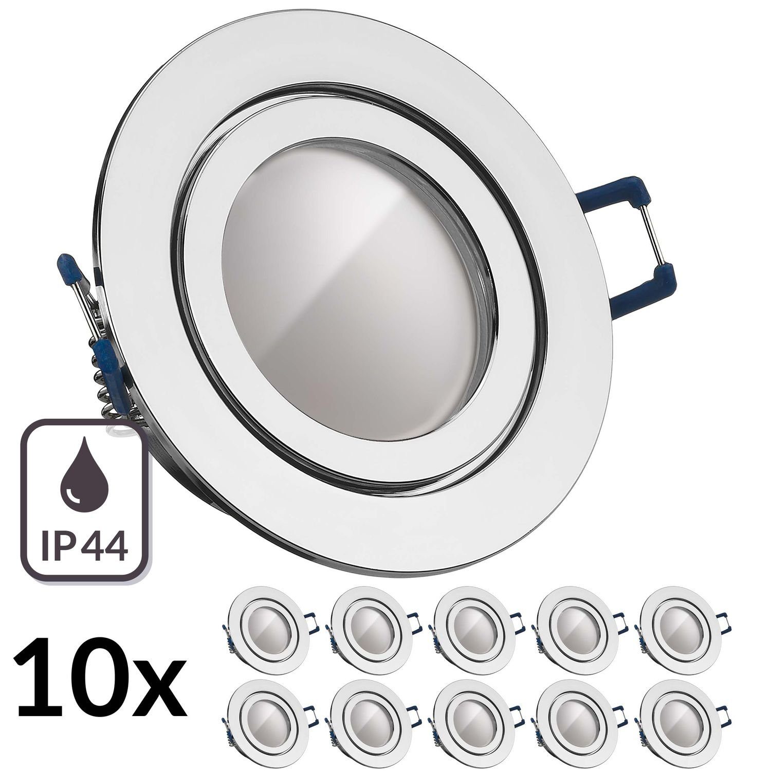 LEDANDO LED Einbaustrahler 10er IP44 LED Einbaustrahler Set Chrom mit LED GU10 Markenstrahler von