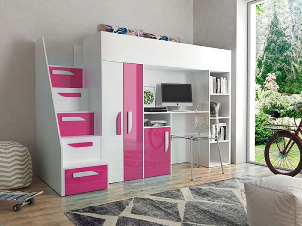 Feldmann-Wohnen Hochbett PARTY (Etagenbett mit Schreibtisch + Kleiderschrank) Farbe wählbar weiß / pink Hochglanz - Griffe weiß / pink