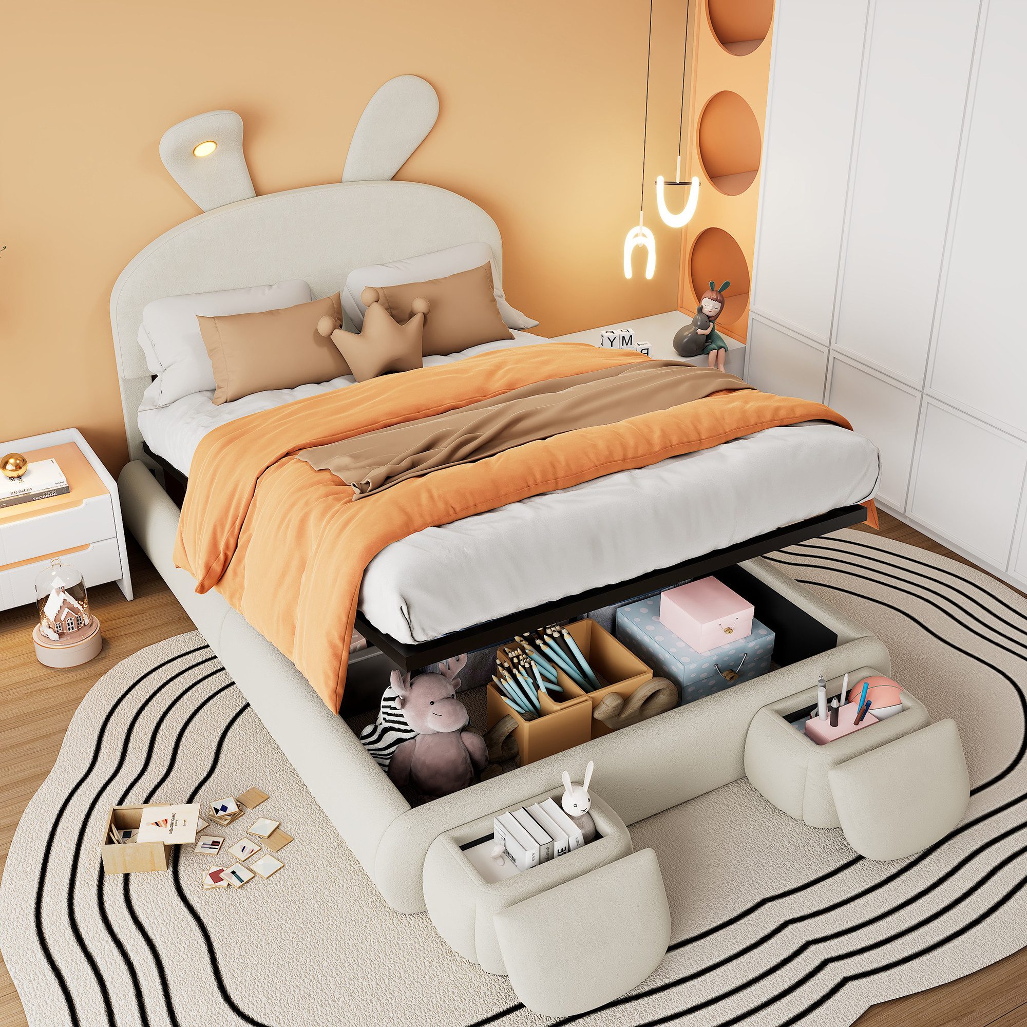 HAUSS SPOLE Polsterbett 140x200cm Kopfteil in Hasenform mit Licht, 2 Hocker günstig online kaufen