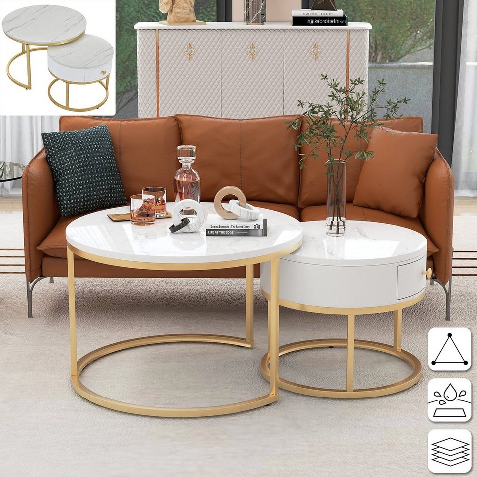 AUFUN Couchtisch Moderner Nesting Kaffeetisch Runder Nested Beistelltisch  mit Schublade (Sofatisch mit Marmormuster, 70x70x48 cm / 50x50x43,5 cm),  Set Rund Satztisch Wohnzimmertisch aus Holz, Industrial, Weiß/Schwarz