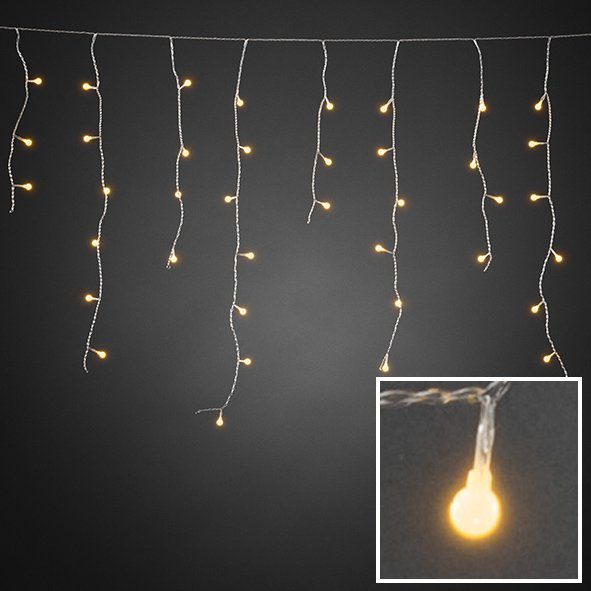 KONSTSMIDE LED-Lichtervorhang Weihnachtsdeko aussen, 200-flammig, LED Eisregen mit weißen Globes, 200 bernsteinfarbene Diode