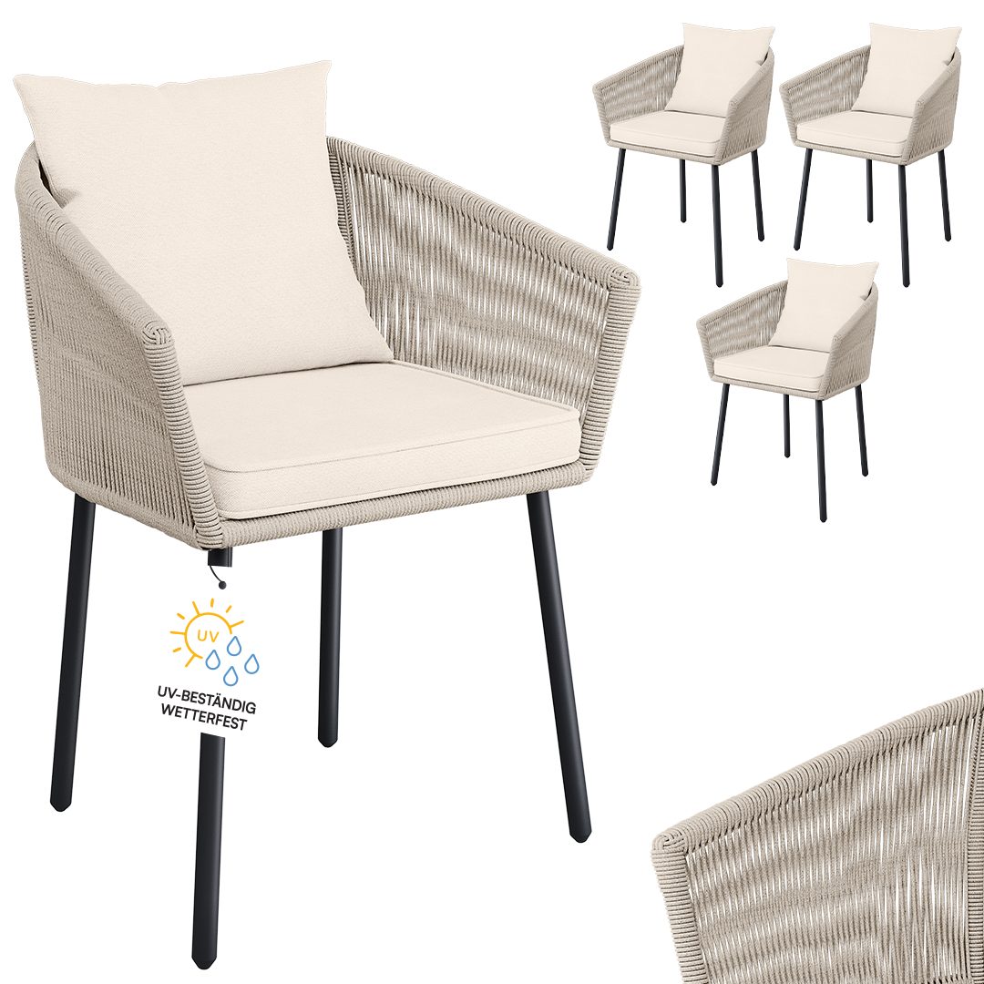 STEELSØN Gartenstuhl Nair mit Sitzauflagen & Kissen (4er Set, beige), Gartensessel aus Polyrattan, elastisches Seilgeflecht, wetterbeständig
