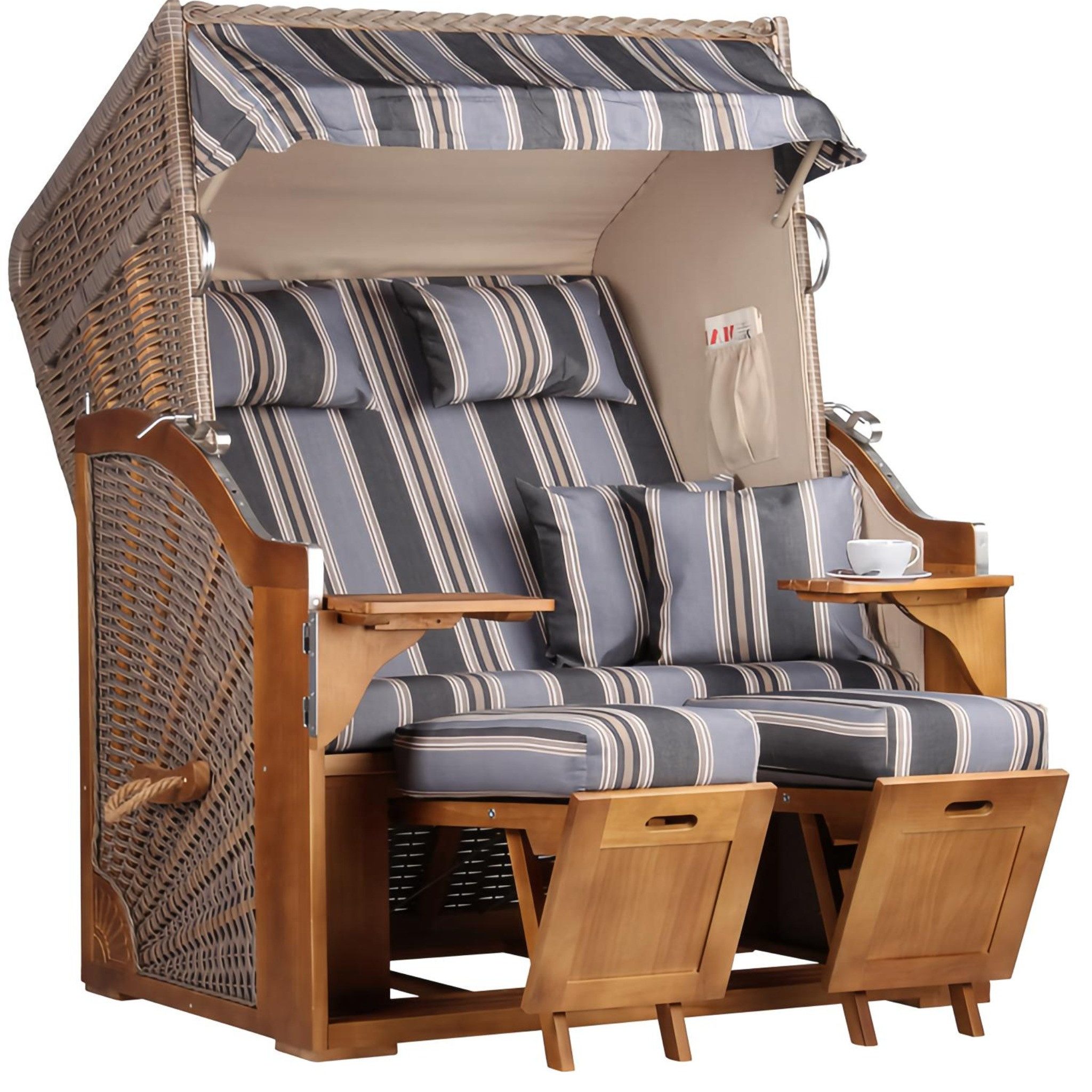 MR.DEKO Strandkorb Komplettset 2-Sitzer Pinie PE-Geflecht 120x160 + Schutzhülle & Rollen, BxTxH: 120x80x160 cm, Volllieger, Schleswig, (Luxus-Komplettset 4-tlg. inkl. Abdeckhaube, 4-tlg., Strandkorb inkl. Aero Protect, Rollen & Lifter-Set), Wetterfester Strandkorb inkl. Lifter & Rollen, Fertig montiert