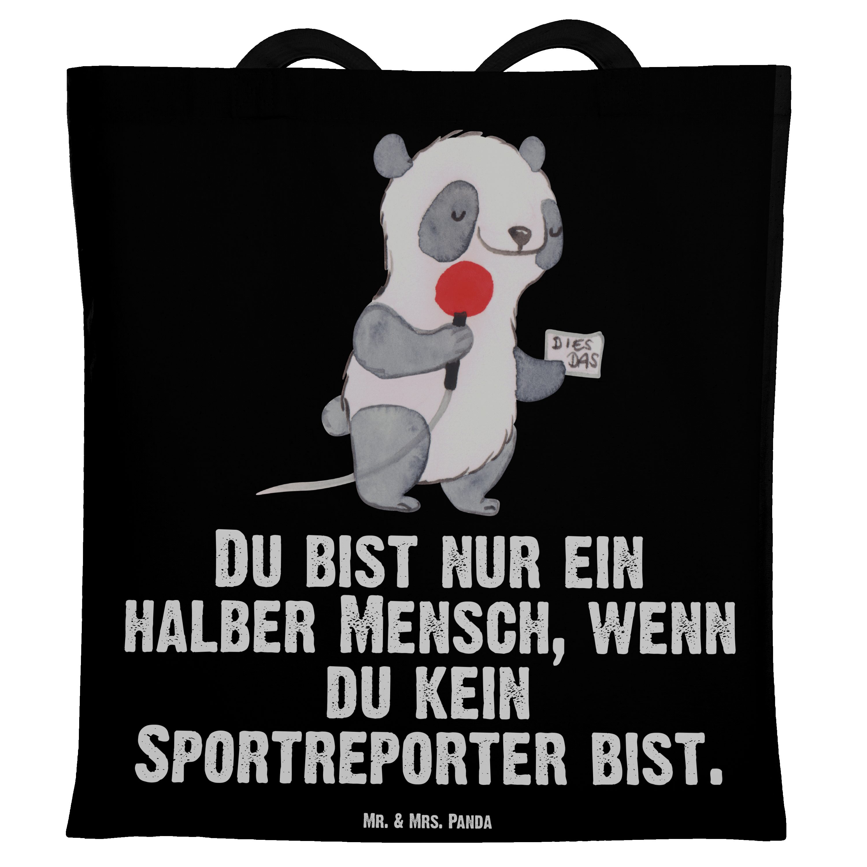Mr. & Mrs. Panda Tragetasche Sportreporter mit Herz - Schwarz - Geschenk, Arbeitskollege, Jubiläum (1-tlg)