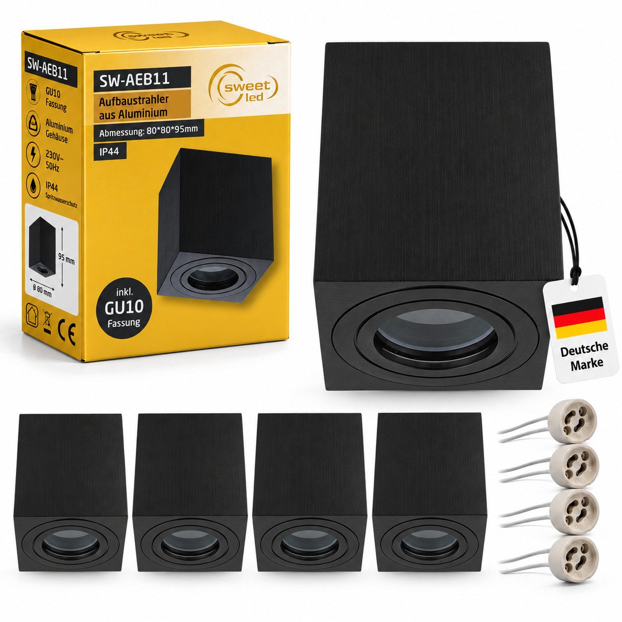 Sweet LED Aufbauleuchte Bad eckig GU10 Aluminium schwarz IP44 badezimmer deckenspot 4er, ohne Leuchtmittel, Aufbaustrahler LED, Aufbauspot, Deckenstrahler