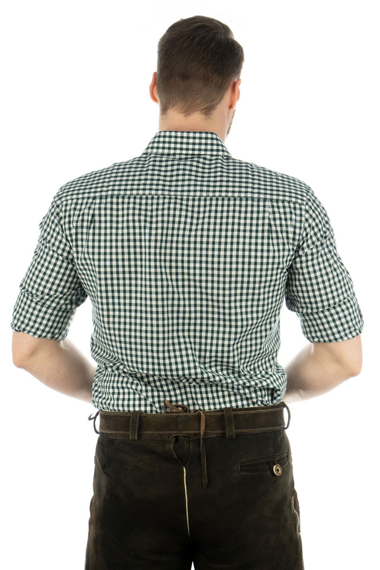 OS-Trachten Trachtenhemd Ukazui Langarmhemd mit aufgesetzter Hirsch-Stickerei dunkelgrün Brusttasche mit