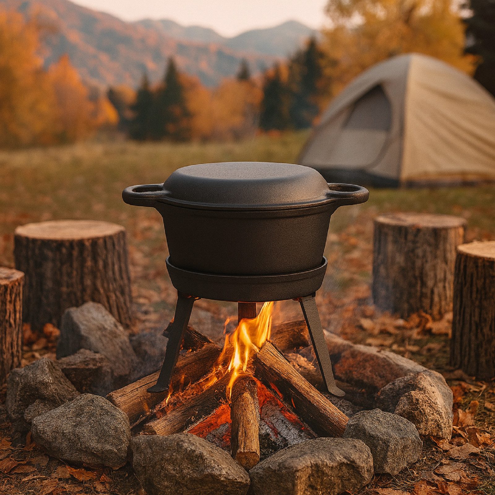 QLS Feuertopf aus Gusseisen Dutch Oven 10L 3in1 mit Deckel, Gusseisen, Pfanne & Grill, Natürlich & langlebig, Perfekt für Outdoor-Abenteuer