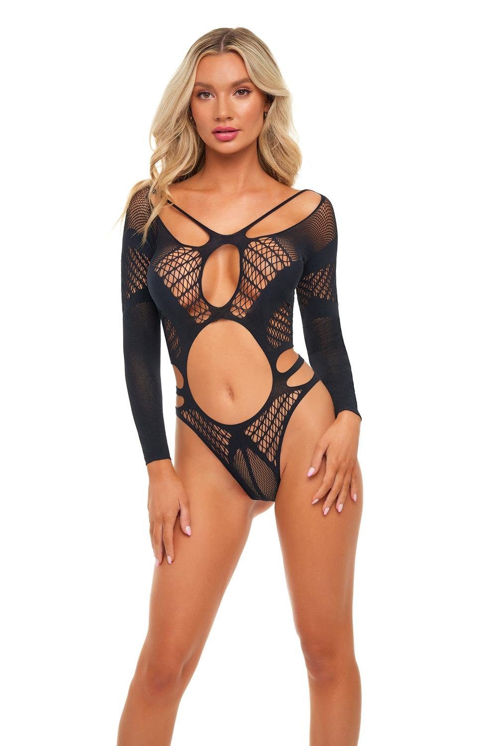 Pink Lipstick Lingerie Stringbody langärmliger Body, grobe Netz-Ausschnitte, Einheitsgröße