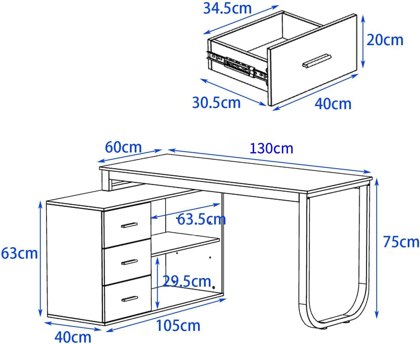 FUFU&GAGA Eckschreibtisch 130 cm L Förm Computertisch mit 3 Schubladen & 2 Regalen – Bild 4 von 5