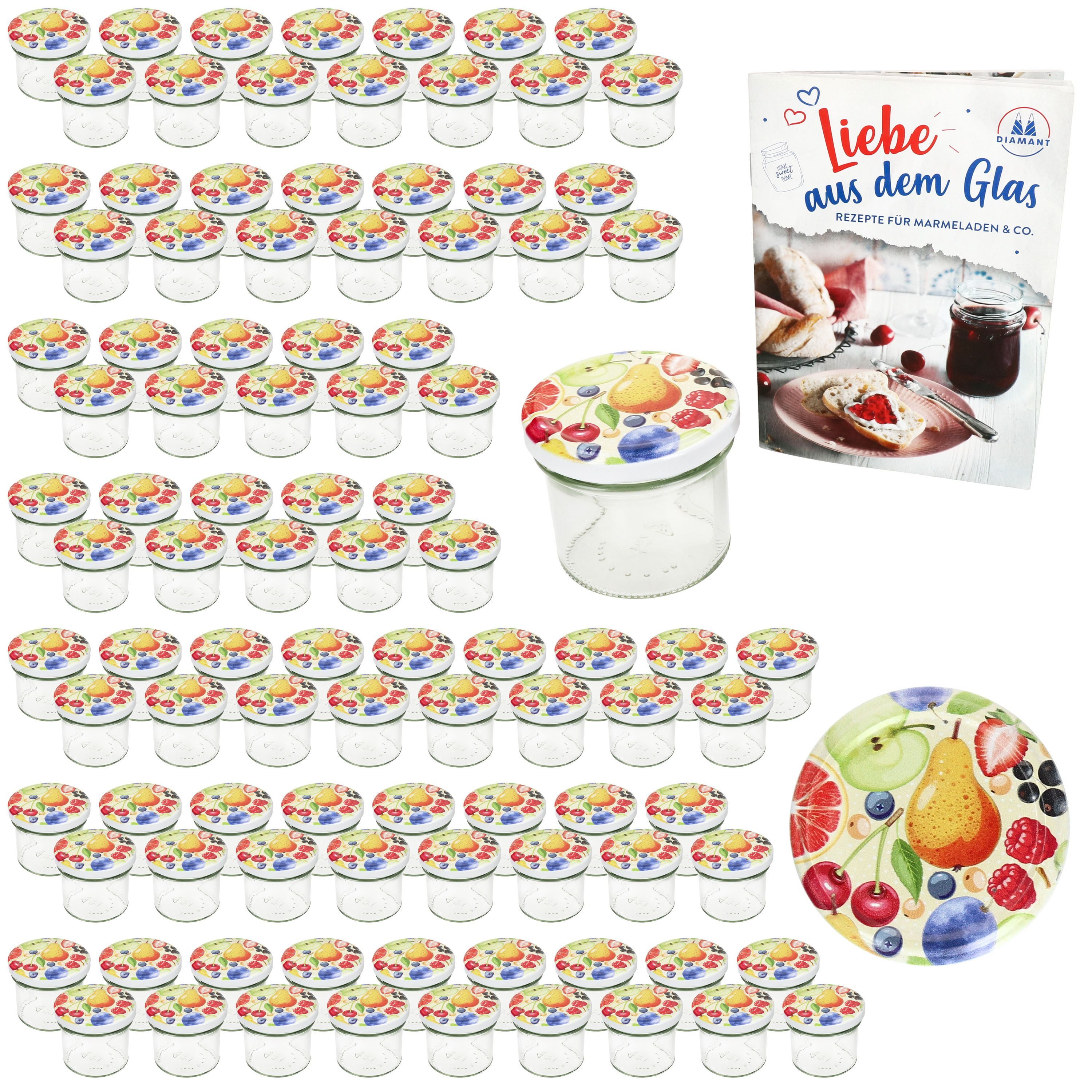 MamboCat Einmachglas 100er Set Sturzglas 125ml Einmachglas TO66 Comic-Obst Deckel, Glas