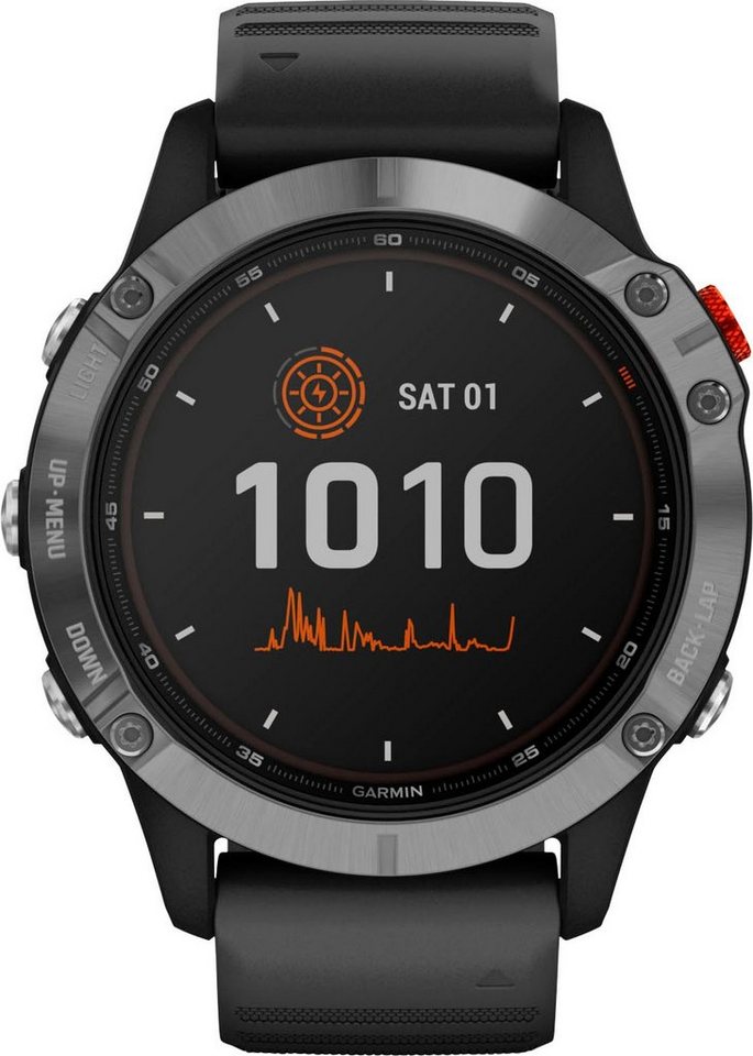 Garmin 6 SOLAR Schwarz/Silber mit QUICKFIT-Silikon-Armband 22mm Smartwatch  (3,3 cm/1,3 Zoll, Garmin), 1-tlg., Trainingsfunktionen wie ClimbPro und  Herzfrequenzmessung mit Pulse Ox-Sensor