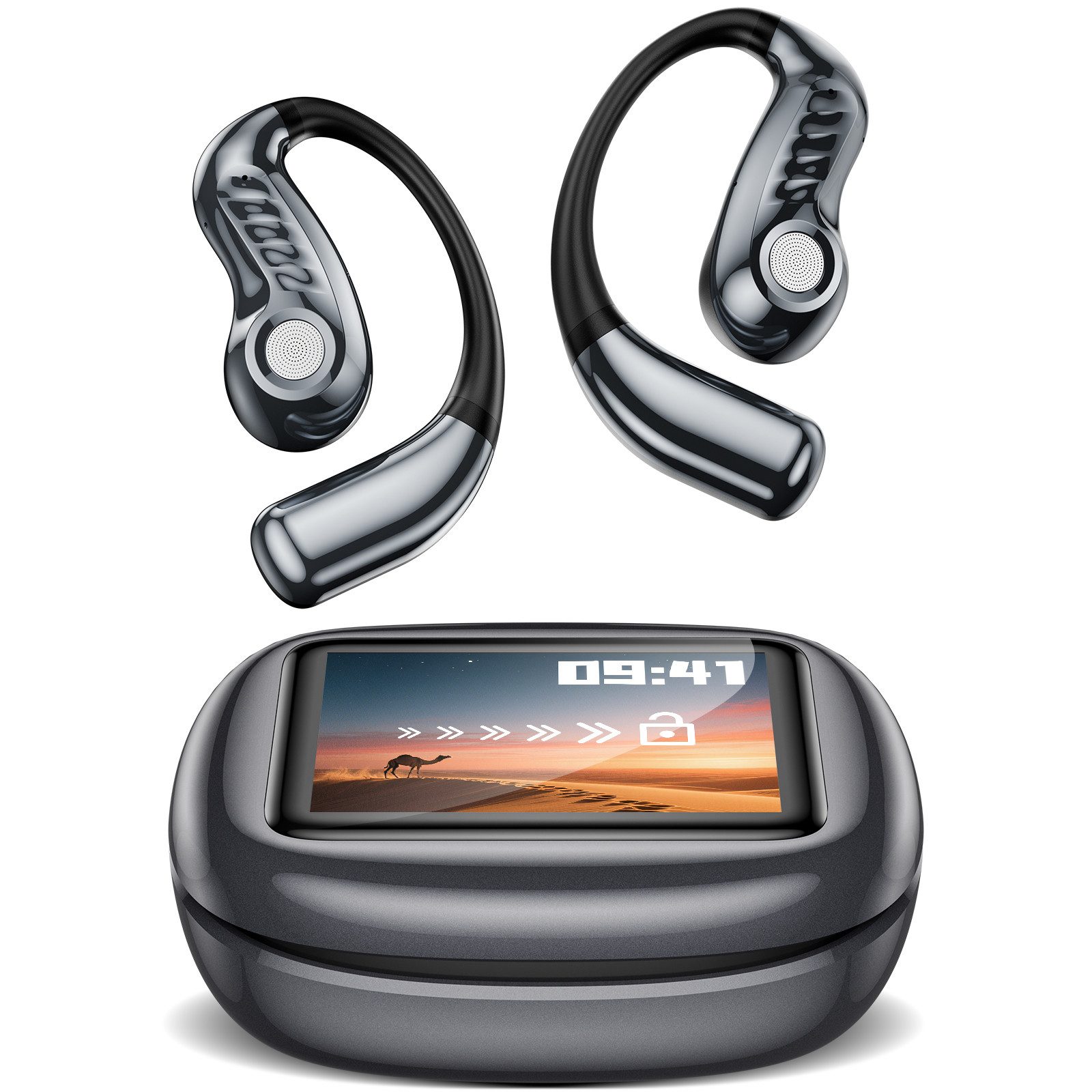 SANAG 2025 Neue AI Bluetooth Kopfhörer mit 2,42" Touchscreen, Bluetooth 5.4 Open-Ear-Kopfhörer (60 Std Akkulaufzeit, Kopfhörer Kabellos mit Anruffunktion, Sportkopfhörer mit 5 Equalizer-Voreinstellungen, und extrem geringer Latenz von 0,06 Sekunden)