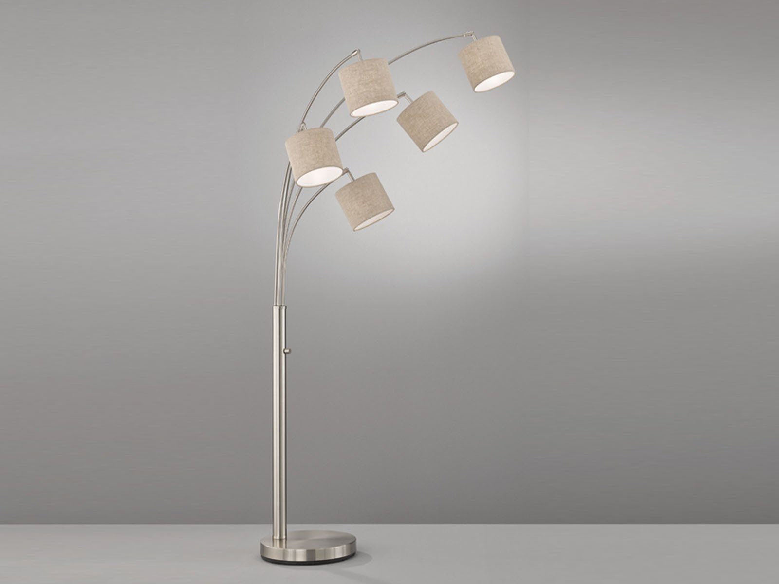 FISCHER & HONSEL LED Bogenlampe, mitgelieferte Leuchtmittel stufenweise über Lampenschalter dimmbar, LED wechselbar, Warmweiß, Stehlampe ge-bogen mit 5x Stoff Lampenschirm Beige, dimmbar H: 180cm