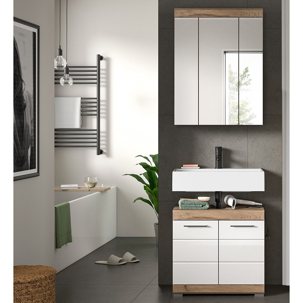 Lomadox Badmöbel-Set SIROCO-158, (Spar-Set, 2-St., Spiegelschrank Waschbeckenunterschrank), in Eiche dunkel mit weiß Hochglanz
