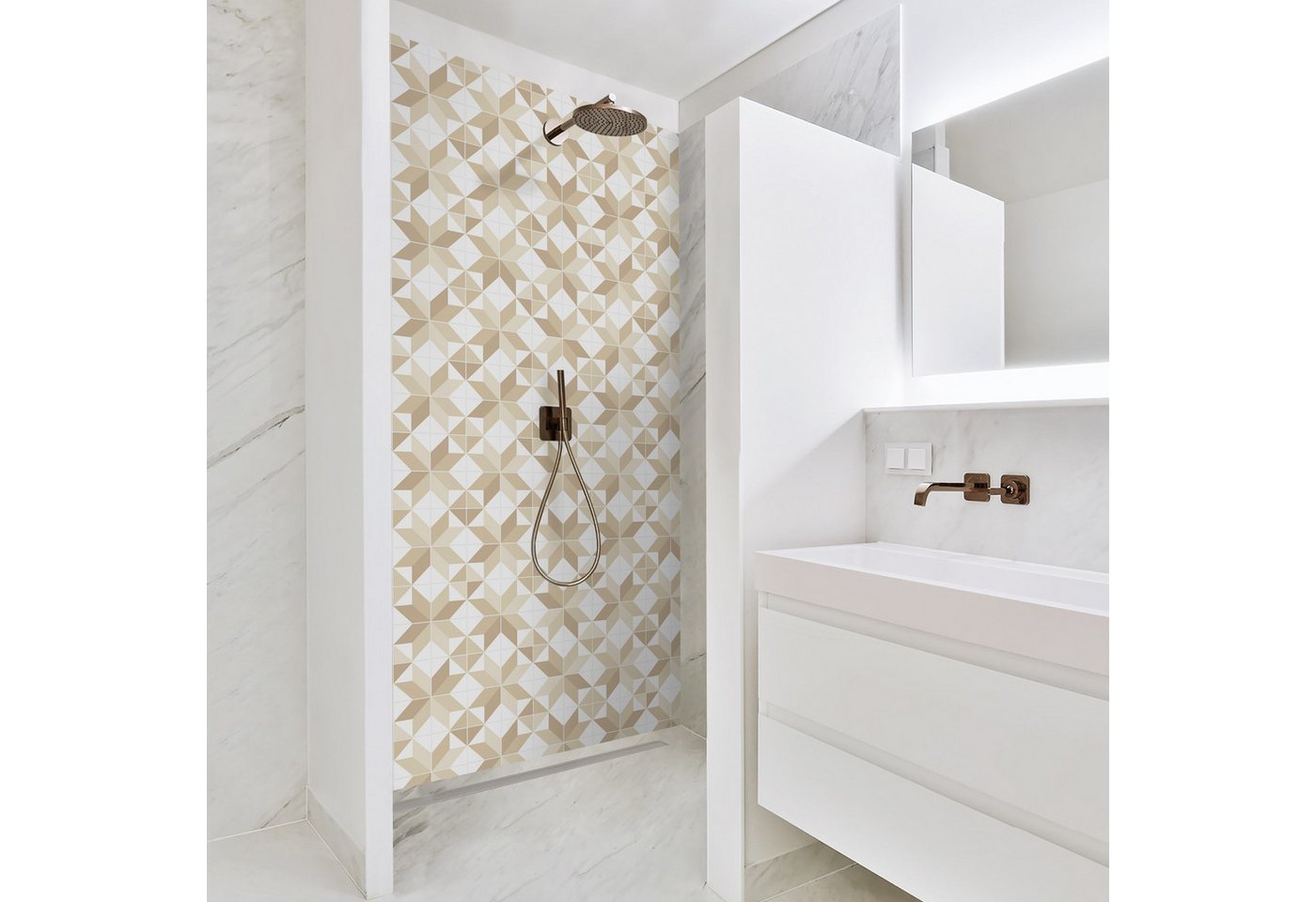 Thumbnail - Bilderdepot24 Badrückwand Fliesenoptik beige Duschrückwand ohne Bohren Dusche, (Hartfolie matt » Selbstklebend SMART 0,3...