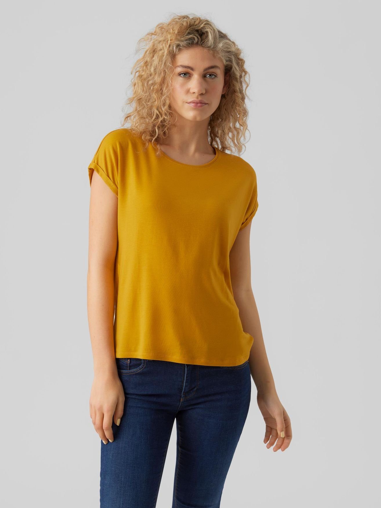 Einfarbiges T-Shirt (1-tlg) Basic in Rundhals Gold Vero VMAVA Moda 4078 T-Shirt