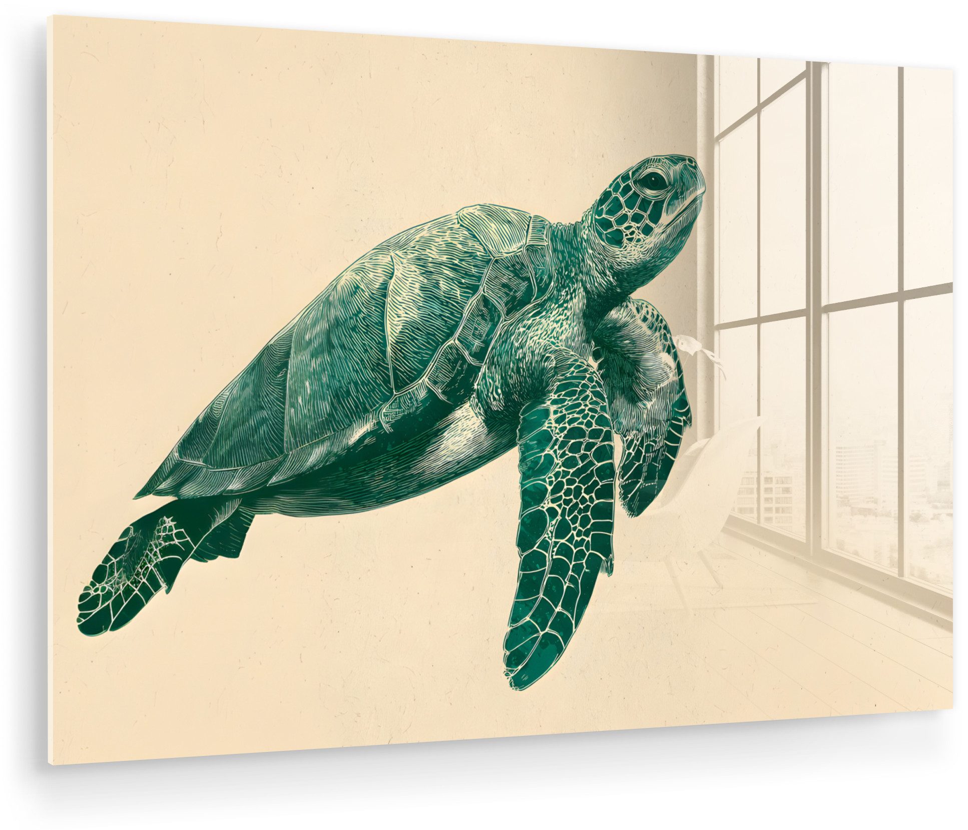 MuchoWow Acrylglasbild Schildkröte - Elegant - Grün - Schild, Inkl. Aufhängung, Glasbilder Wohnzimmer & Schlafzimmer XXL, 122x82 cm