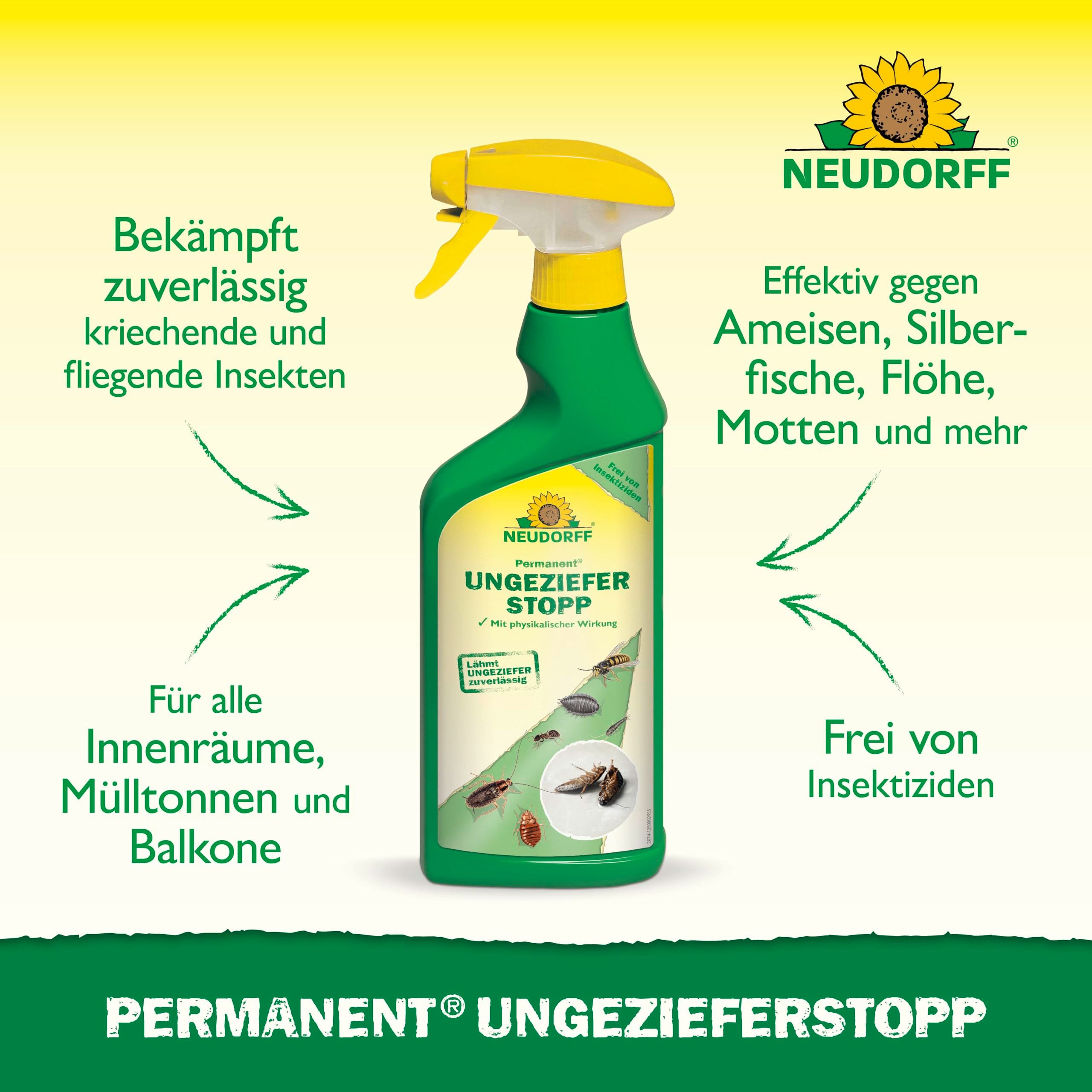 Neudorff Insektenspray Permanent UngezieferStopp 500 ml - lähmt Ungeziefer bei Kontakt, 0.5 l, Anwendungsfertiges Ungezieferspray mit zuverlässiger Sofortwirkung gegen kriechende und fliegende Insekten, Gebrauchsfertiges Kontaktspray gegen kriechende & fliegende Schädlinge, Insektizidfreies Kontaktspray mit physikalischer Wirkweise