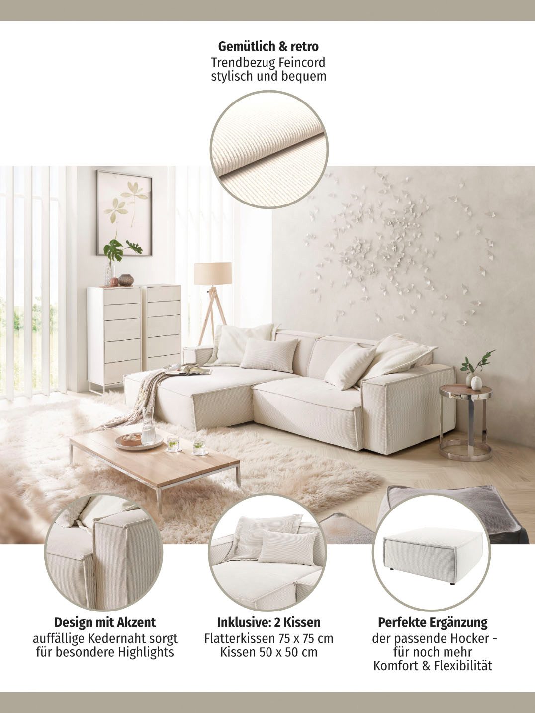 3C Candy Ecksofa Matteo in elegant, kubischer Formensprache, bequem, L-Form, mit auffälliger Kedernaht, Feincord-Bezug, Lounge-Charakter