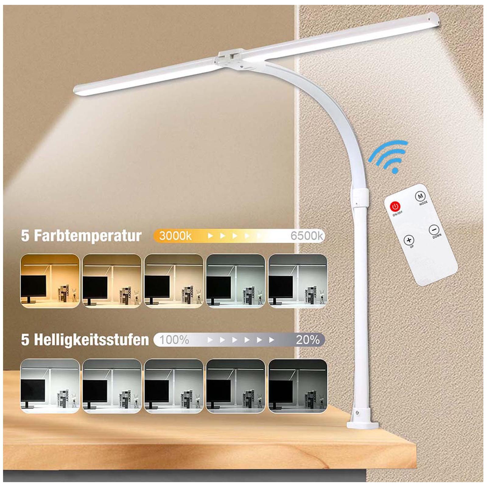 Jibenhome Schreibtischlampe Doppelkopf LED Tischlampe 24W Klemmelampe,80 cm, 168LEDs, Weiß Klemmlampe mit Stecker, LED fest integriert, 5 Farbmodi und 5 Dimmbar, Touch- oder Fernbedienung Control