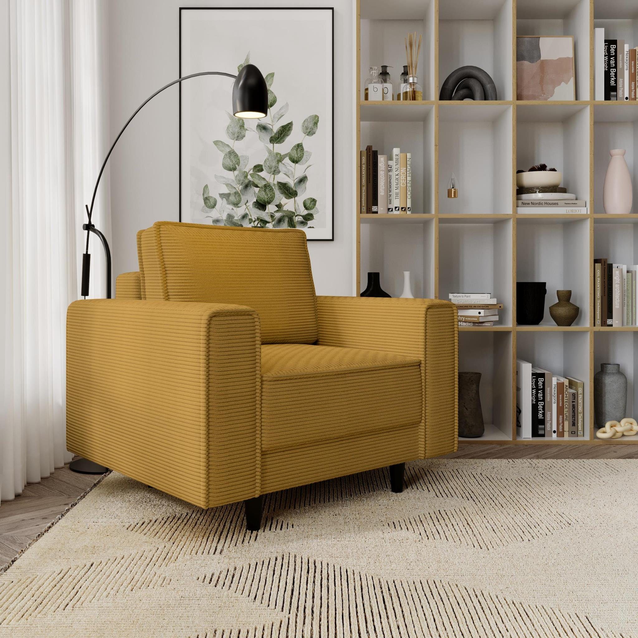 Beautysofa Relaxsessel Monte (Gelb Sessel aus Cordstoff, 105x93 cm Polstersessel mit Holzbeine), Wellenunterfederung Gelb (poso 01)