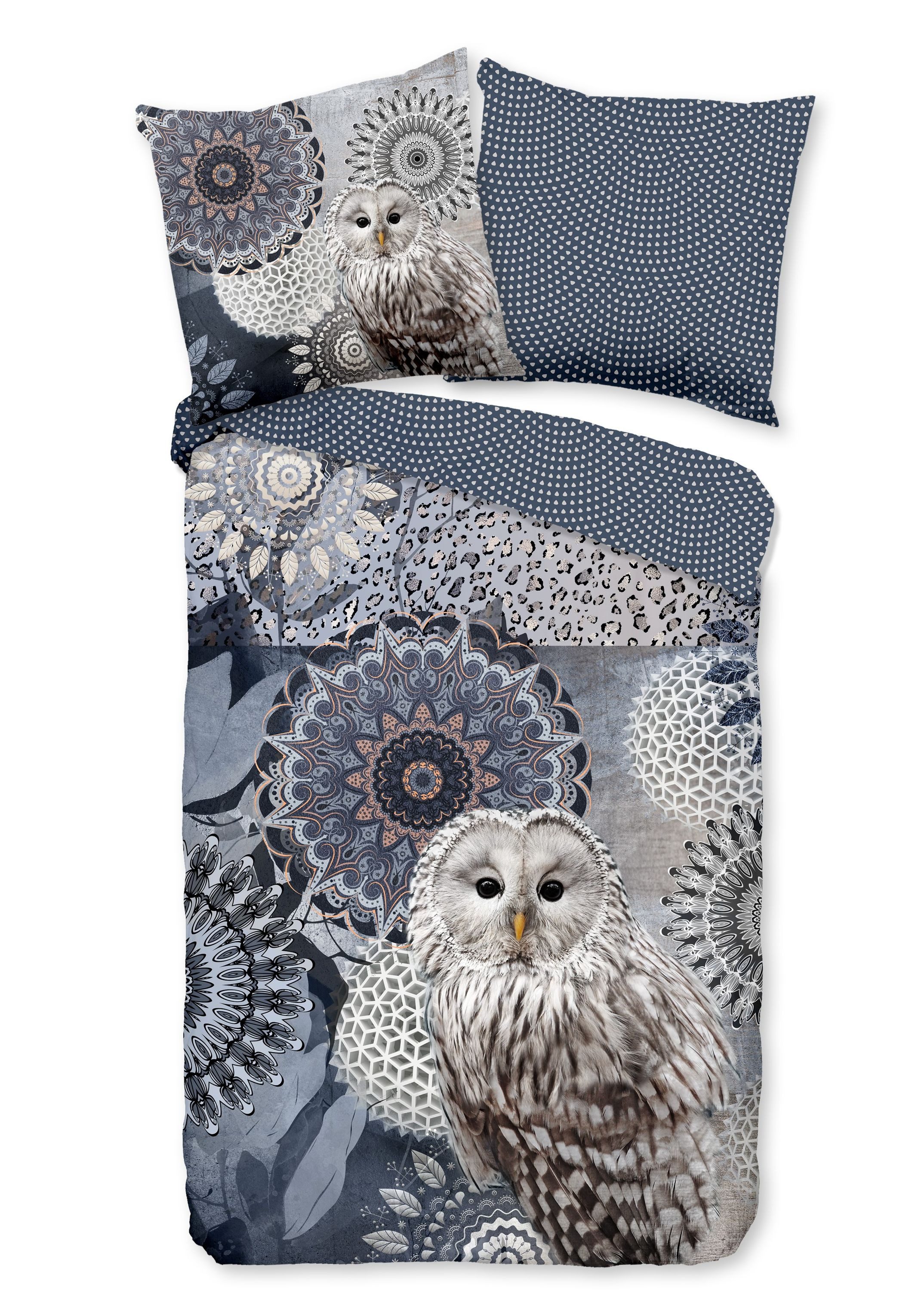 Traumschloss Bettwäsche Comfort Baumwolle, Flanell, 2 teilig, blaue Mandalas mit Eule