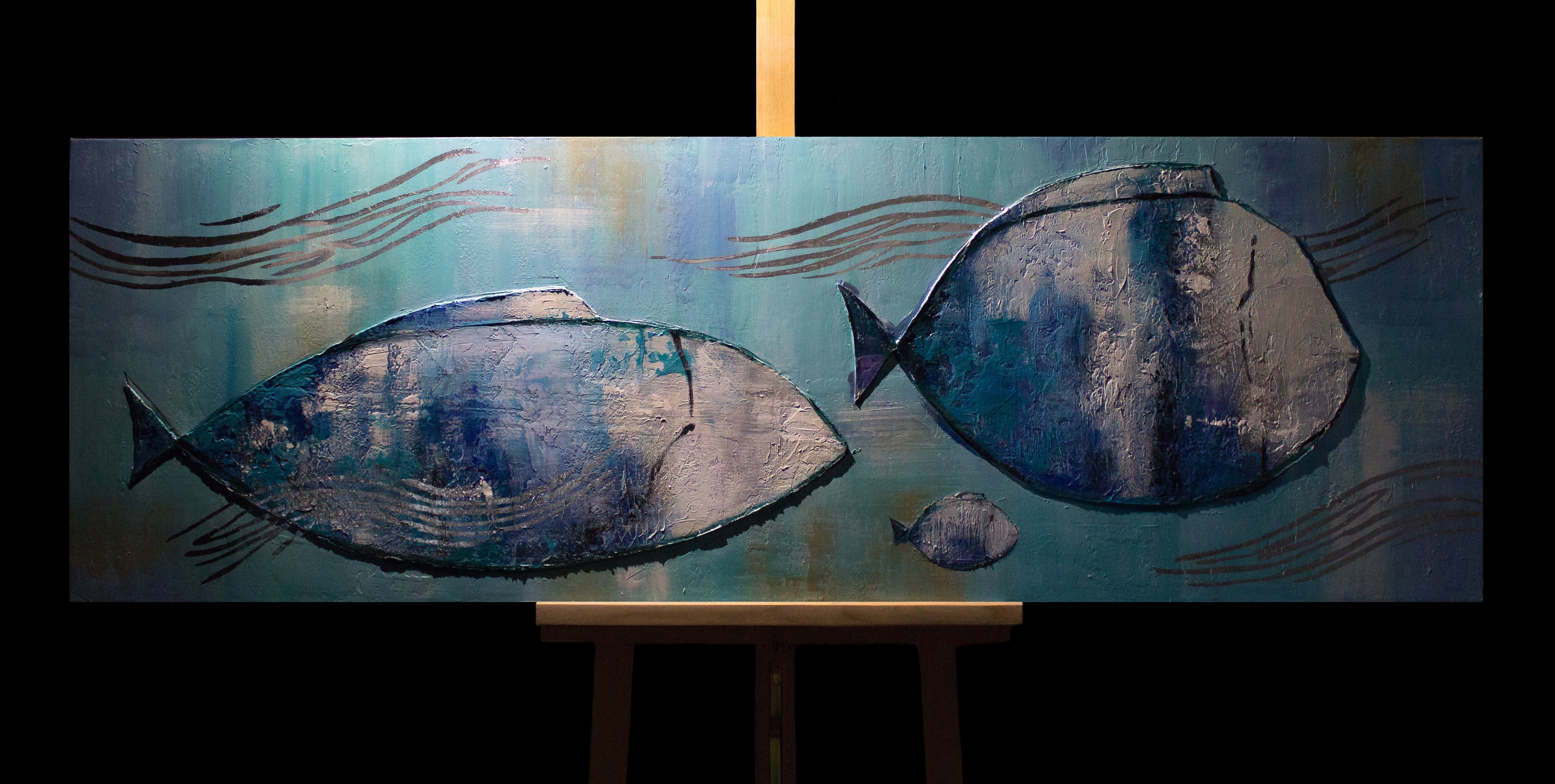 Tiere, Ohne im Fische Bild Gemälde Schattenfugenrahmen YS-Art Handgemalt Familie auf Reisende Meer Leinwand Fische,