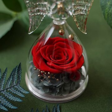 Kunstblume Ewige Rose mit Engel Figur,Geschenke für Mama,Oma Geschenk Weihnachten, Bedee, Höhe 13 cm, Geschenk für Frauen,Ewige Blume in Engel Glaskuppel für Frauen