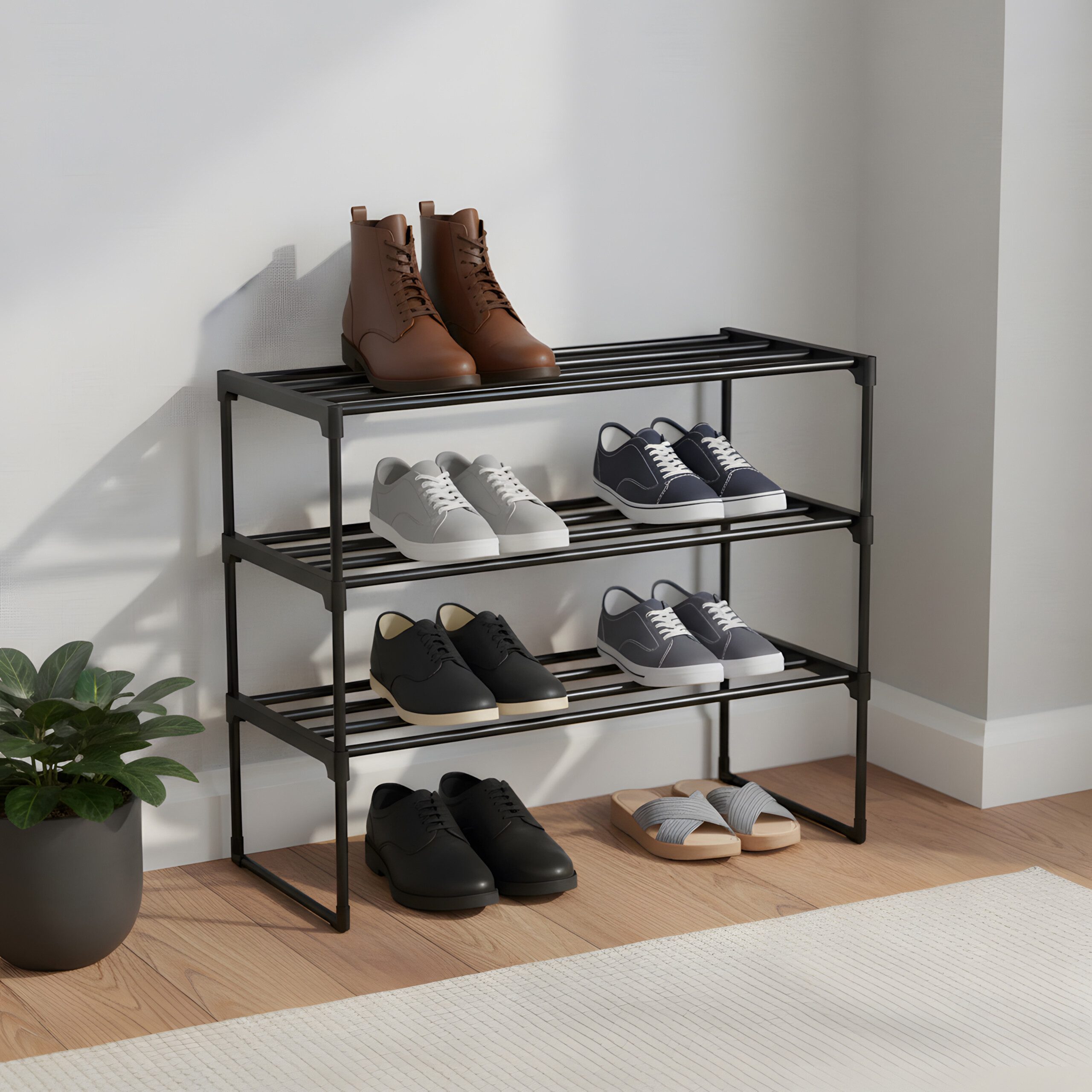 relaxdays Schuhregal Metall, schwarz, 2 Ebenen, 92 cm
