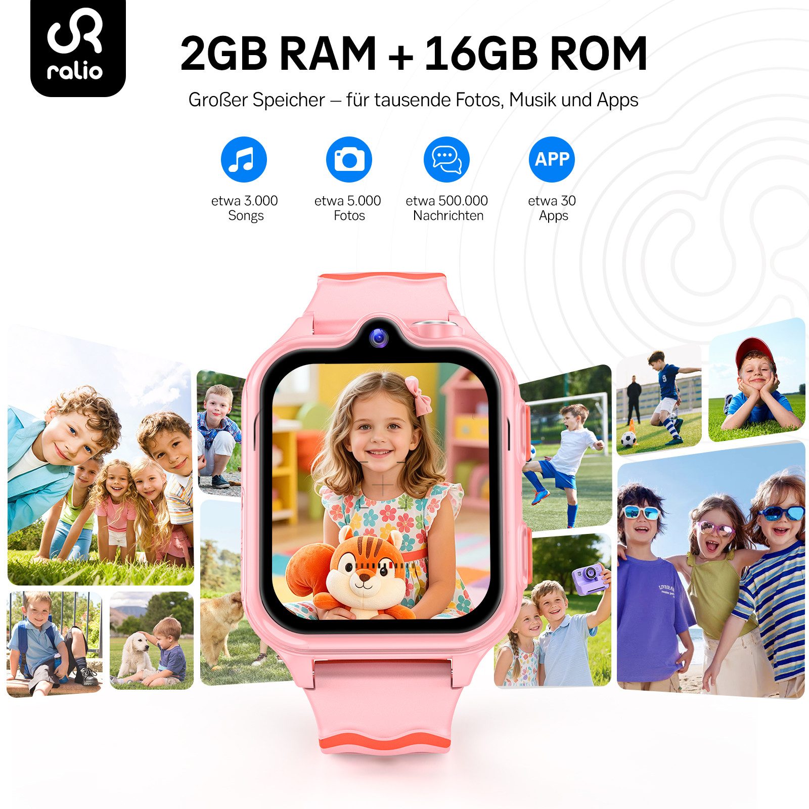 Ralio R5 Ultra 2026 4G Smartwatch Kinder mit GPS, 2+16 GB Großem Speicher Smartwatch (2MP Front + 5MP Rück, mehrere Sportmodi cm/1,72 Zoll) 900mAh Akku, SOS, Sc – Bild 4 von 5