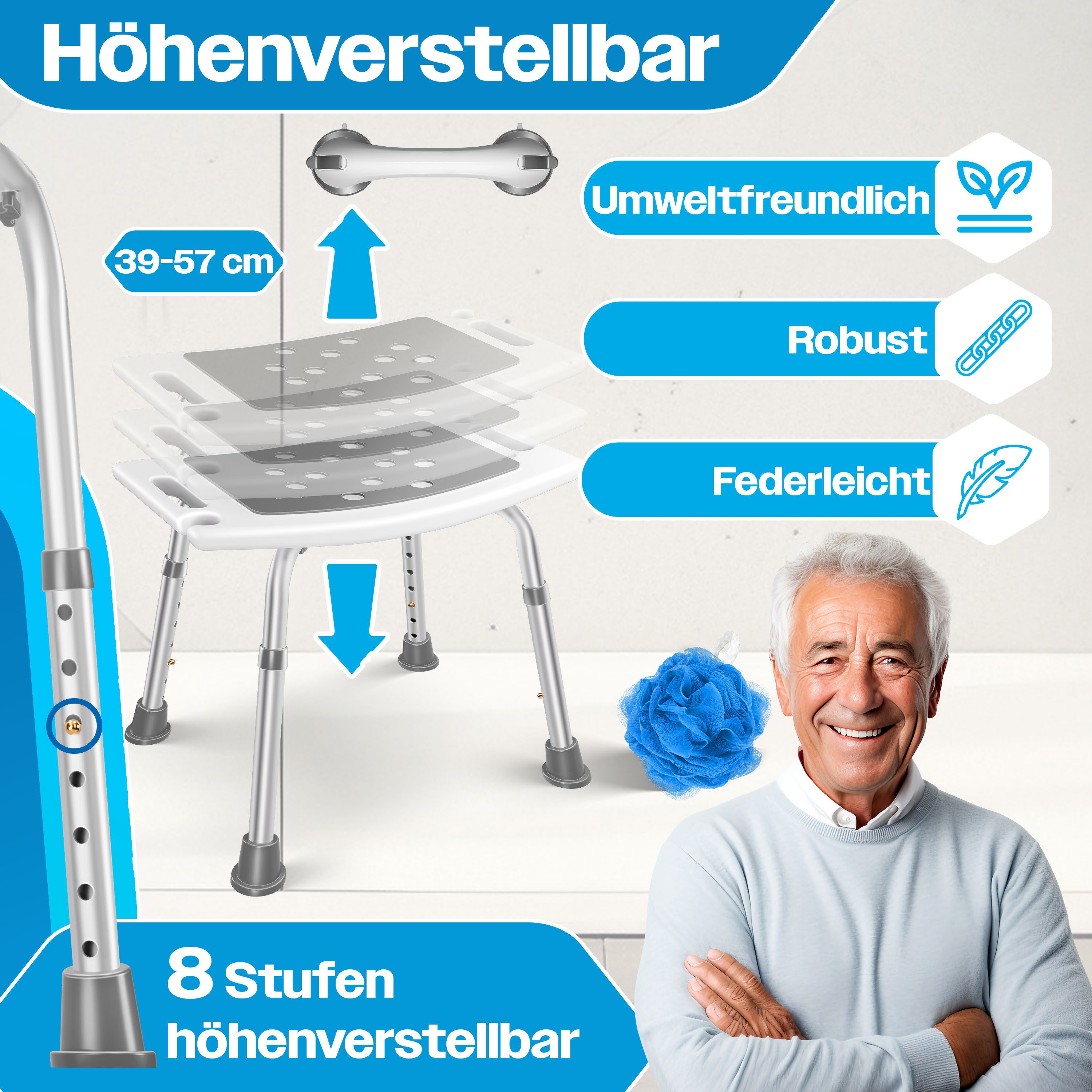 KESSER Badhocker Duschhocker höhenverstellbar & bis 136kg belastbar, Duschhilfe für Senioren, rutschfester Duschstuhl mit Zubehör – Bild 3 von 5