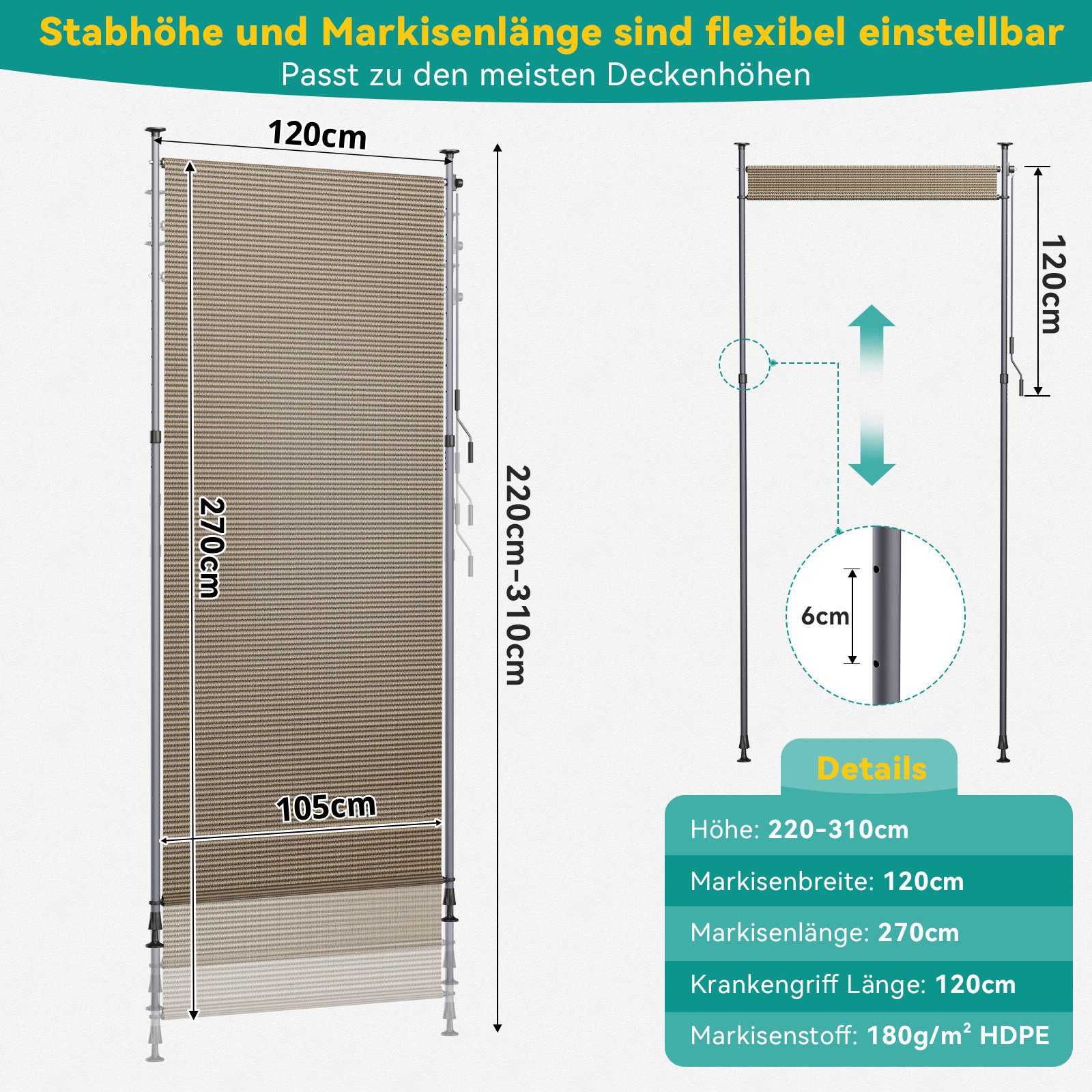 TLGREEN Senkrechtmarkise Balkon ohne Bohren 120/150/200x270cm (Vertikalmarkise Außen mit Sichtschutz Sonnenschutz Windschutz) Klemmmarkise für Garten Terrasse Wetterfest