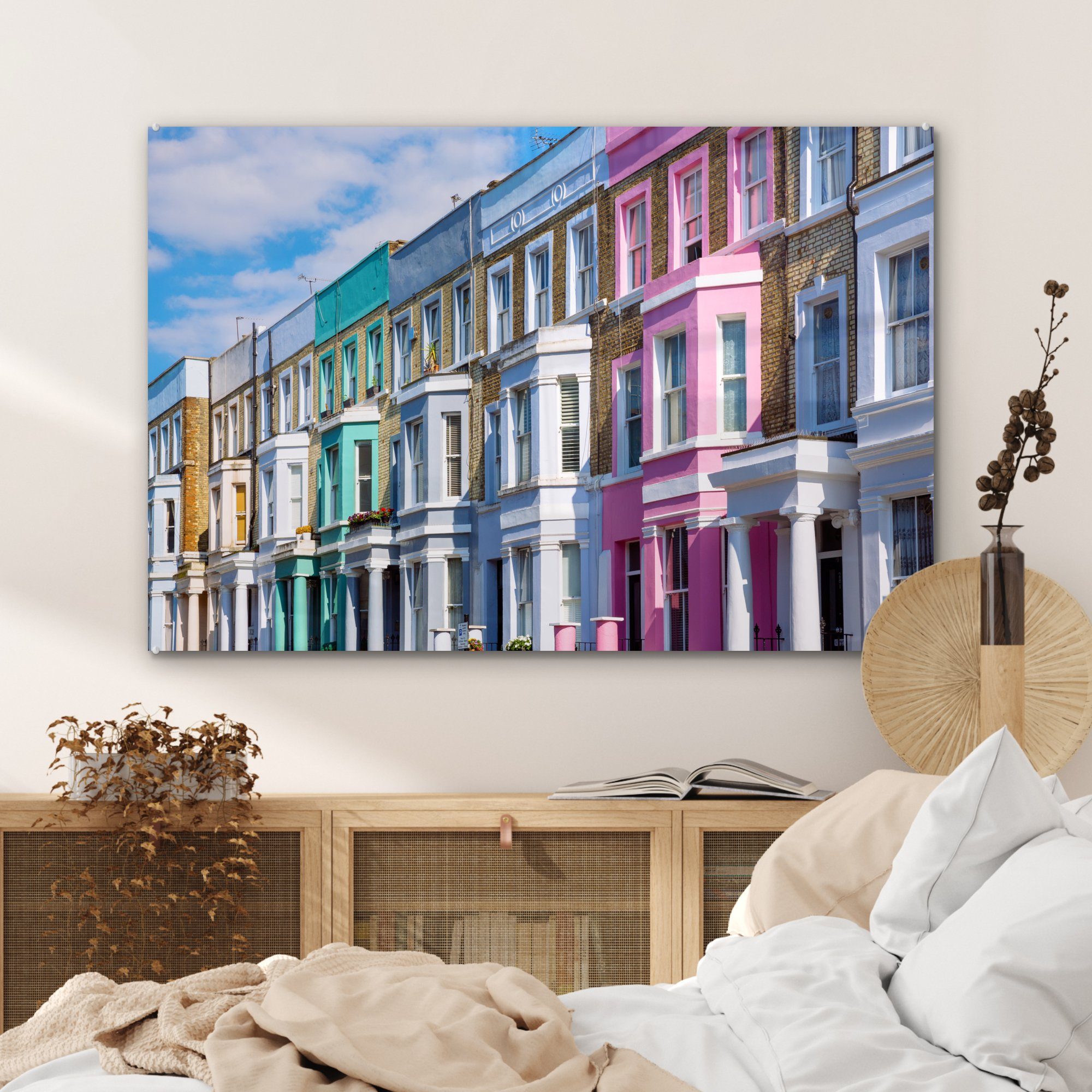 Acrylglasbilder London, Wohnzimmer Schlafzimmer Hill St), MuchoWow (1 Notting & Häuser Acrylglasbild in Farbenfrohe
