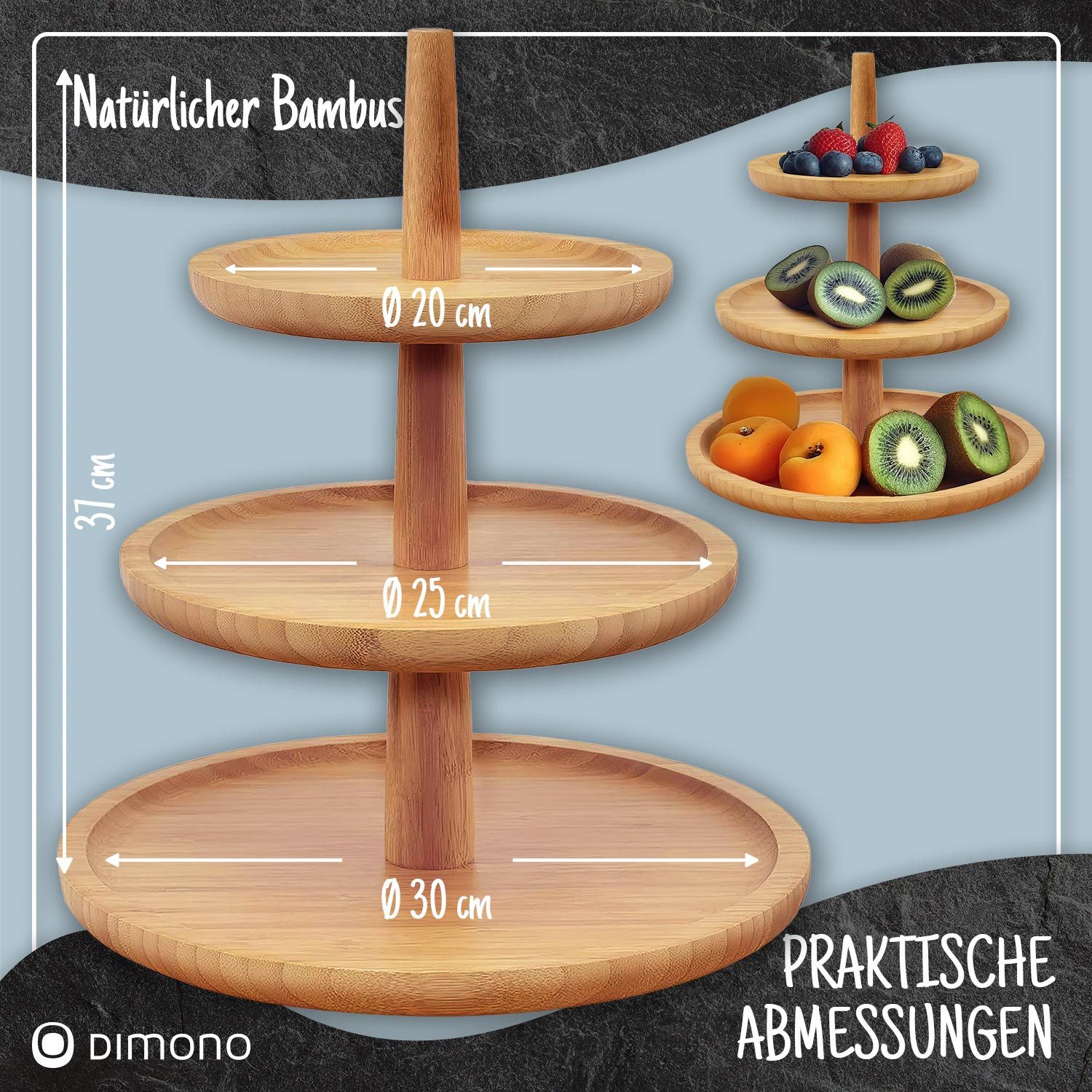Dimono Etagere Dimono Deluxe 3-stöckige Etagere – Servierständer aus Natur-Schiefer, Bambus, (3-Etagen Servierschalen, Obst- & Gemüseschale), Servierschalen für – Bild 5 von 5