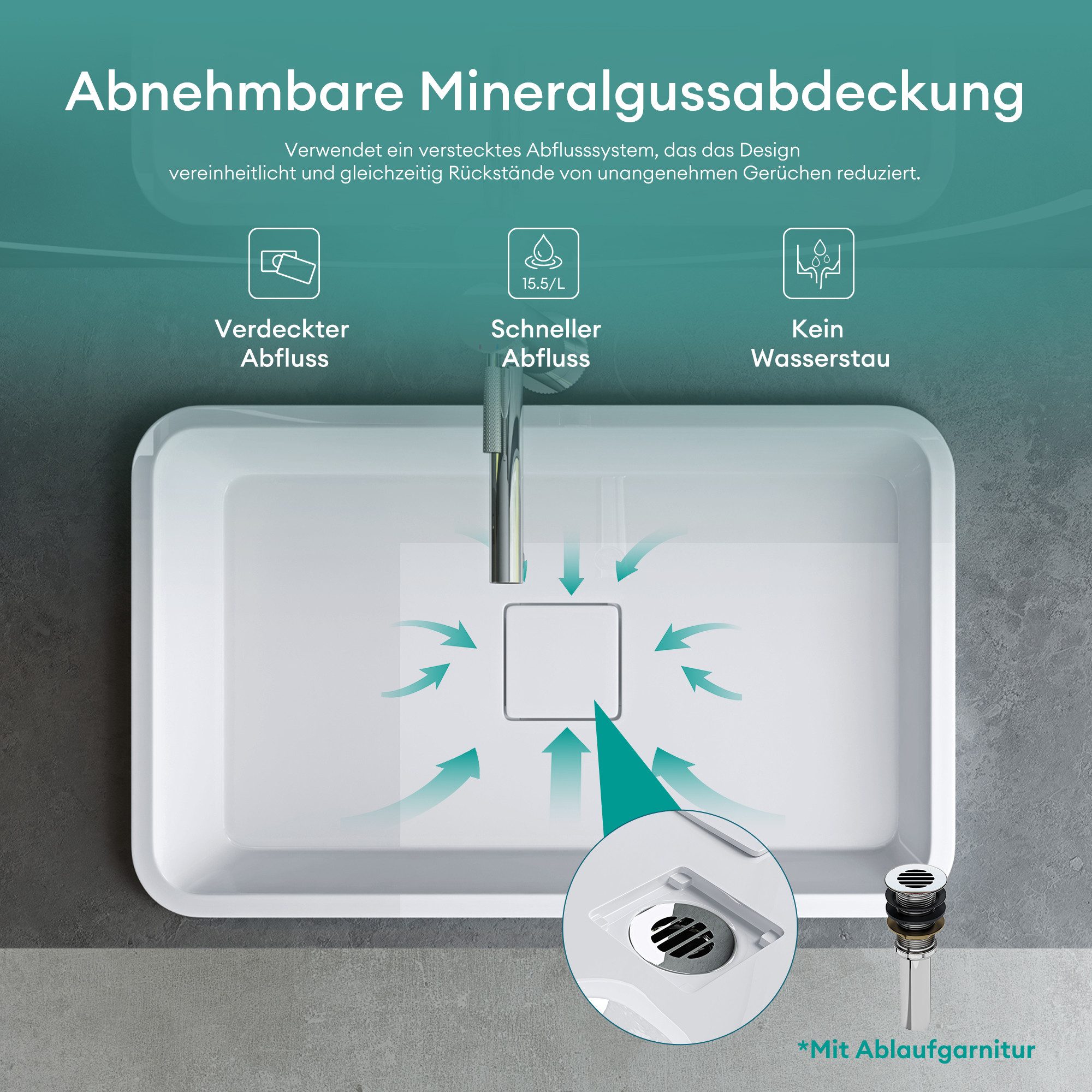 Mai & Mai Einbauwaschbecken Waschbecken aus Mineralguss Versteckter Abfluss mit Abdeckung Col104, 15 mm dünne Kante und abgerundete Ecken – Bild 4 von 5