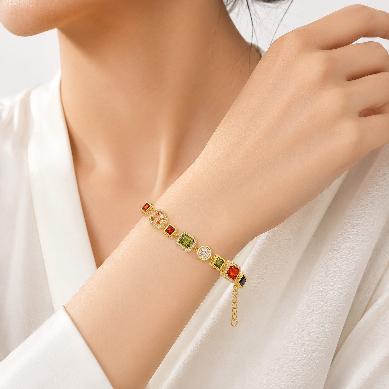 RAIKOU Collier Damen Zirkonia Schmuckset, Halskette /Armband, gold/silberfarben, Farbige Zirkonia-Steine