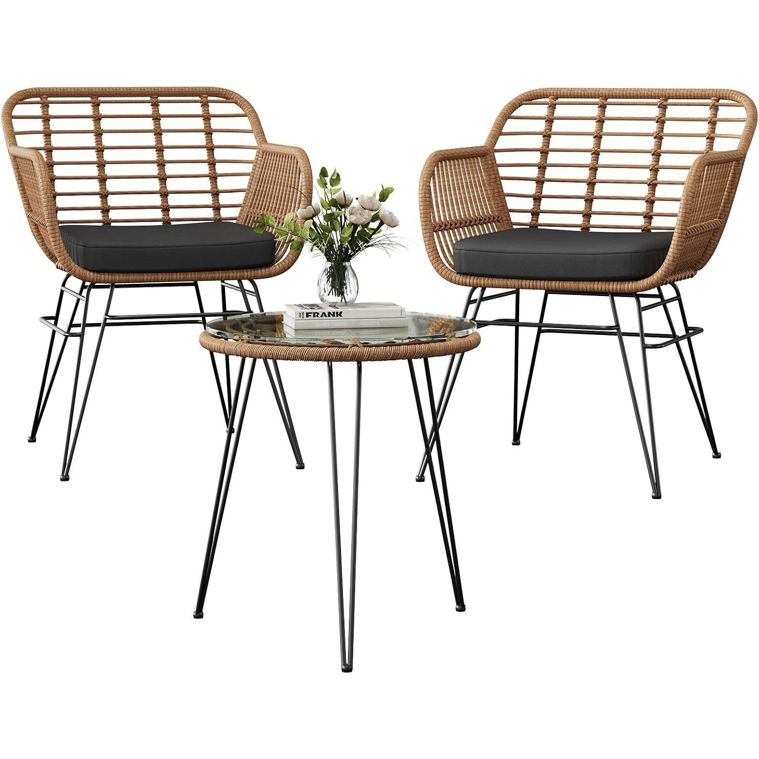 GarveeMore Balkonset Für 2 Personen,3-TLG Outdoor Rattan Sitzgruppe,Gartenmöbel, Rattan, Metall, wasserabw., 2 Sessel + Glas, für Balkon & Garten