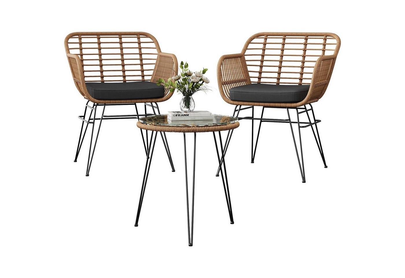 GarveeMore Balkonset Für 2 Personen,3-TLG Outdoor Rattan Sitzgruppe,Gartenmöbel, Rattan, Metall, wasserabw., 2 Sessel + Glas, für Balkon & Garten