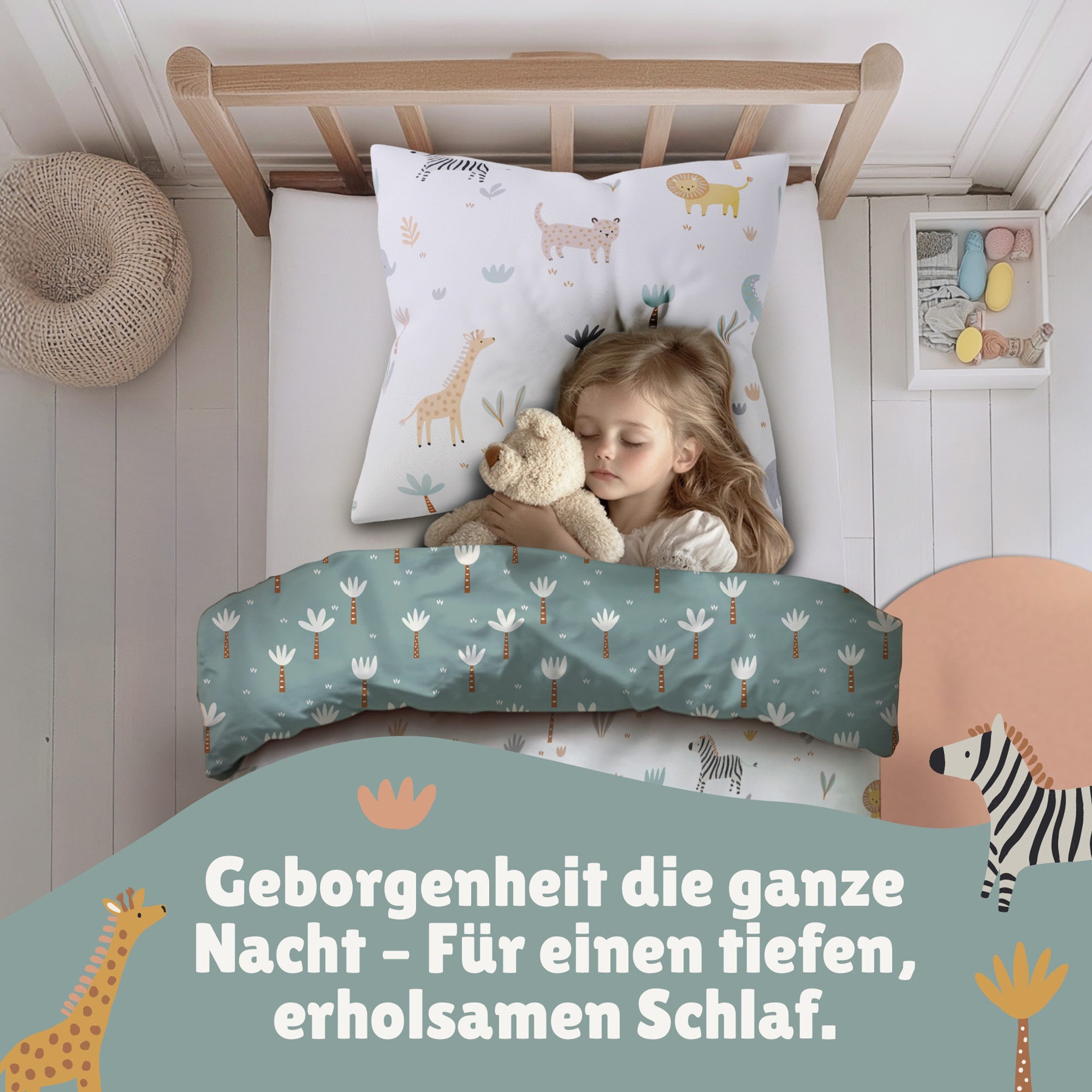 Familando Kinderbettwäsche Safari Tiere 135x200 80x80 cm mit Elefant Tiger & Co., Renforcé, 2 teilig, Bettwäsche mit liebevollem Motiv für Mädchen und Jungen