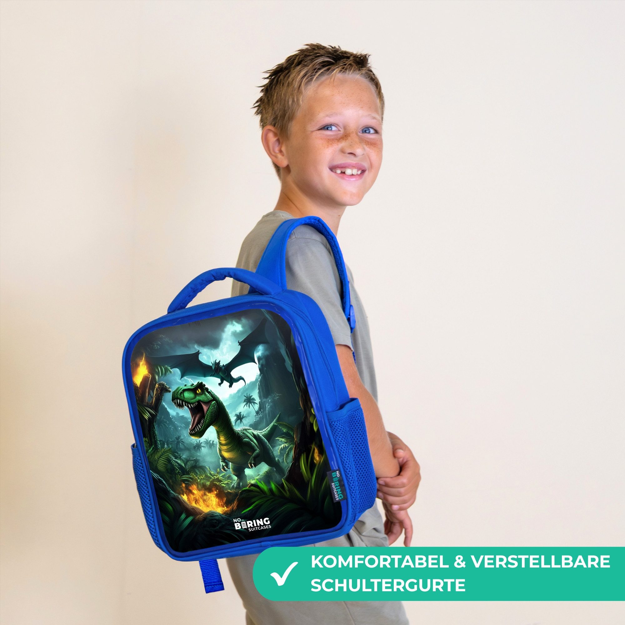 NoBoringSuitcases.com© Rucksack Blau - Dinosaurier und Drache im feurigen Dschungeltal, Kinderrucksack, Schulrucksack, Freizeitrucksack, Jungen, Kindergarten
