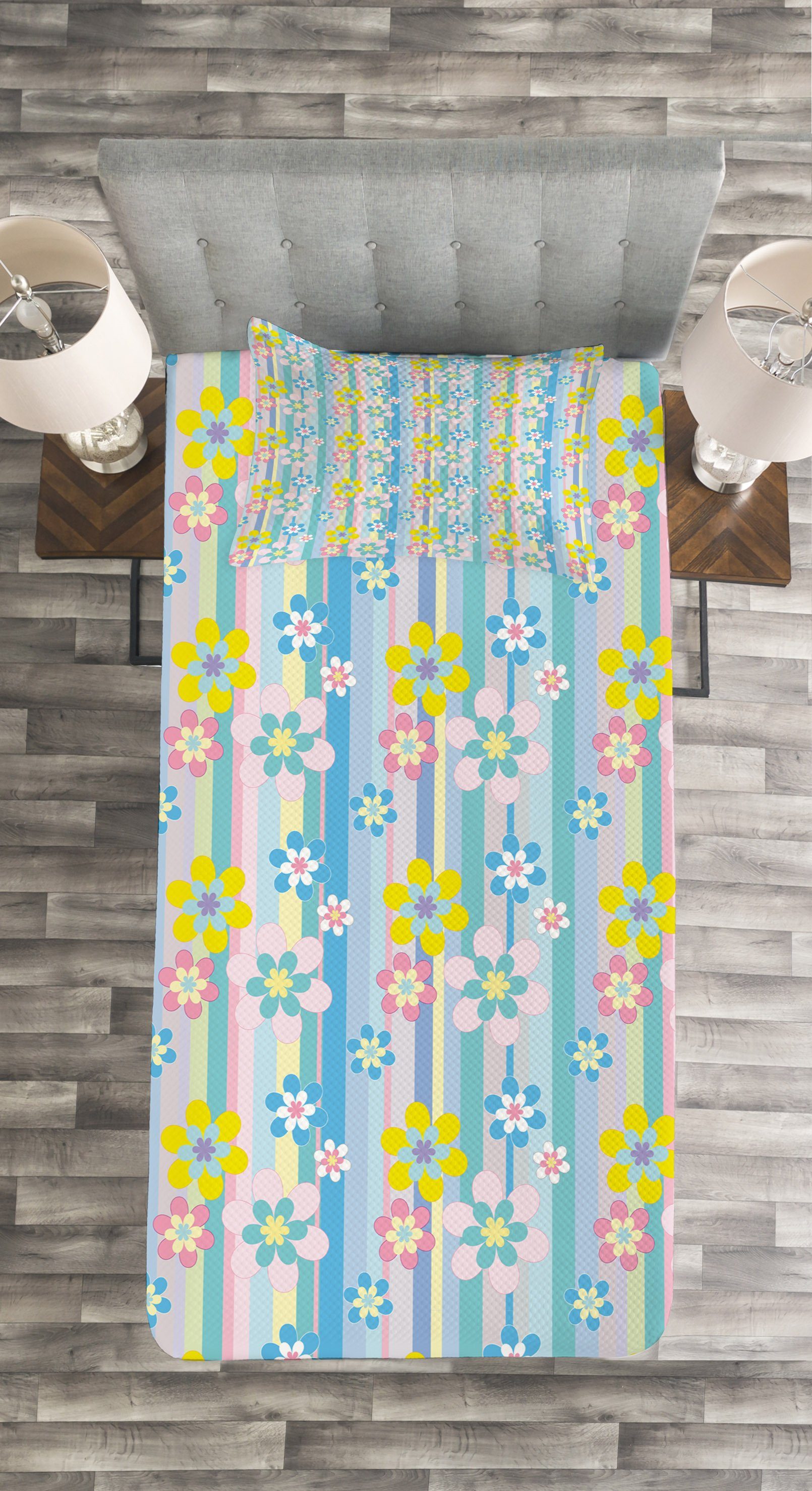 Tagesdecke Set mit Waschbar, Kissenbezügen Pastell Frühlings-Gänseblümchen Abstrakte Abakuhaus