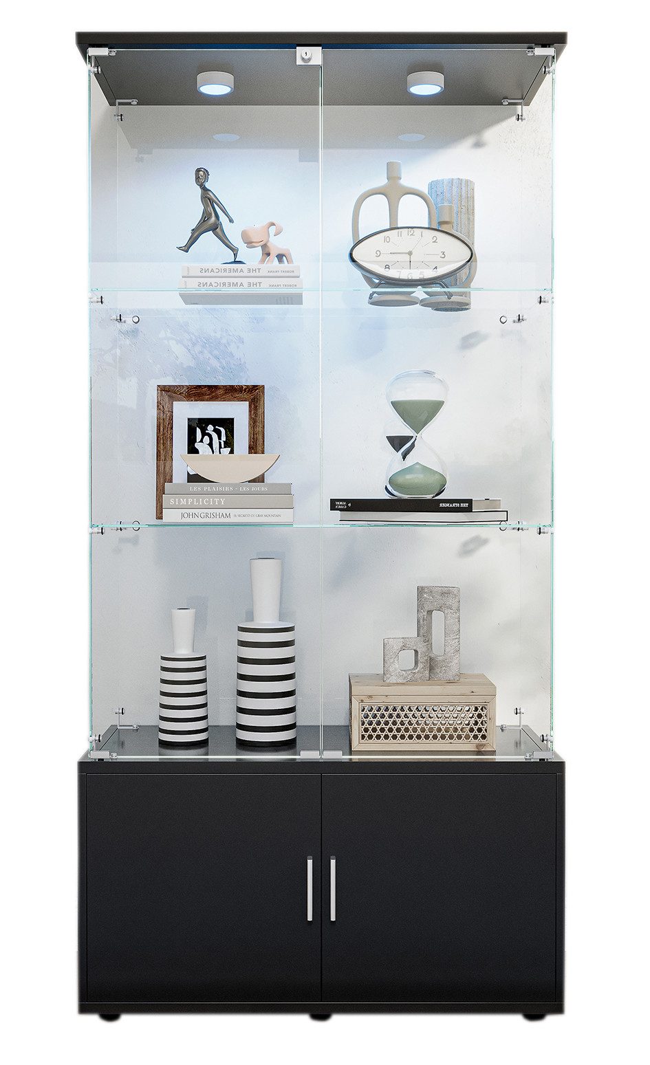 FUROKOY Glasvitrine Standvitrinen mit Kabinett, Vitrine (Vitrinenschrank mit 2 Glastür und Beleuchtung für Sammler, Bücher) 3 Lagen Sammlervitrine, 78.5 x 35 x 164 cm, Schwarz