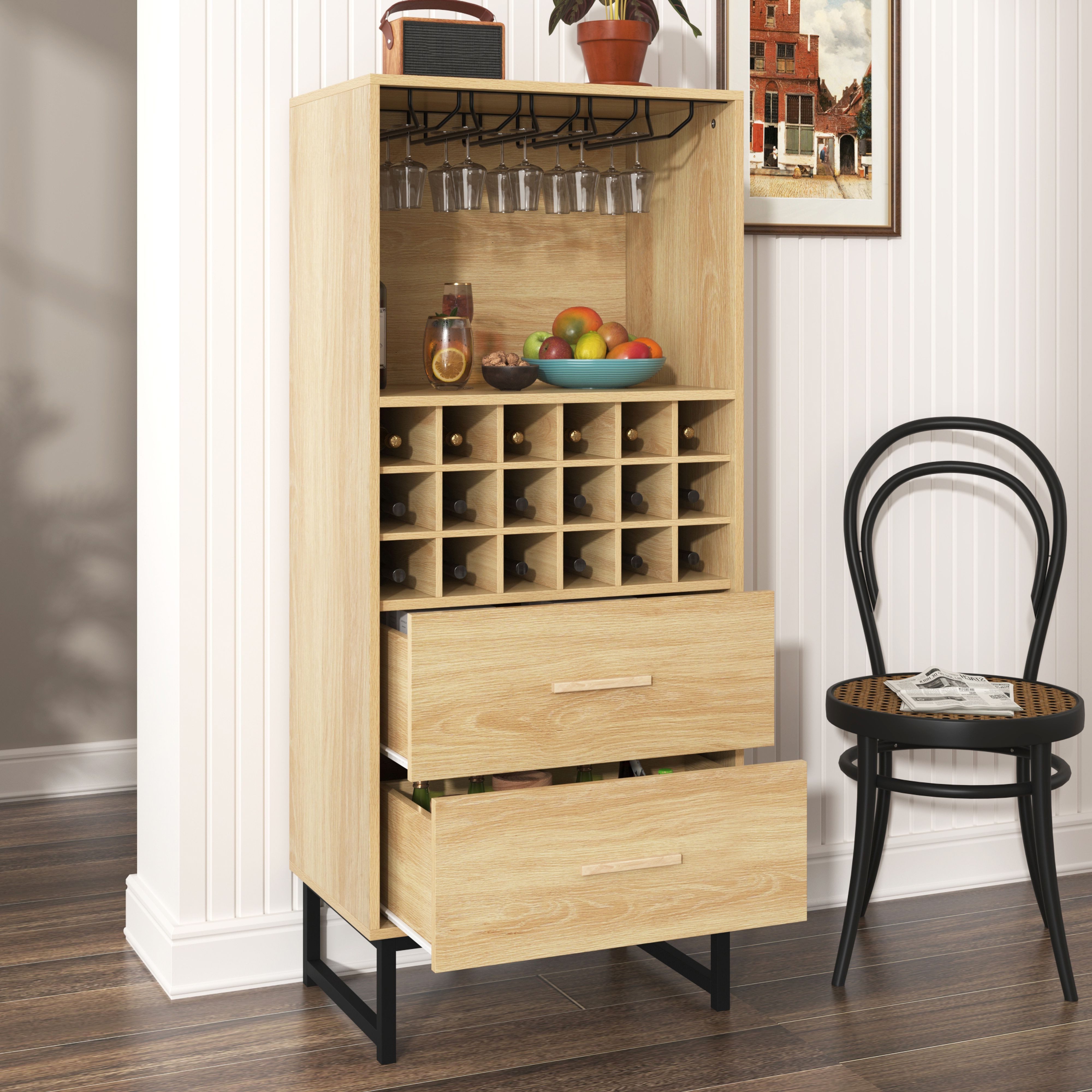 BlingBin Sideboard Stilvoller Weinschrank Kommode, Aufbewahrungsschrank mit 2 Schubladen (Anrichte mit 18 Fächern und Gläserhalterung – Perfekt für Weinliebhaber, 1 St., 60*39.5*141 cm, Produktladung: 50KG), Modernes Möbelstück, Mattschwarze Metallfüße, Holzfarbe