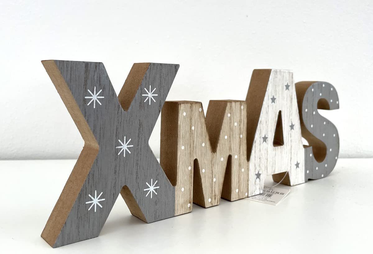 LB H&F Lilienburg Deko-Schriftzug Deko Tisch Weihnachten Fenster Holz Schriftzug XMAS Figur Advent weiß, Weihnachtsdeko Dekoration Weihnachtsdekoration Dekofigur grau