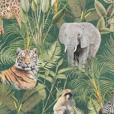 Stoff Dekostoff Digitaldruck Afrika Safari Tiere Palmen Blätter grün bunt, Digitaldruck
