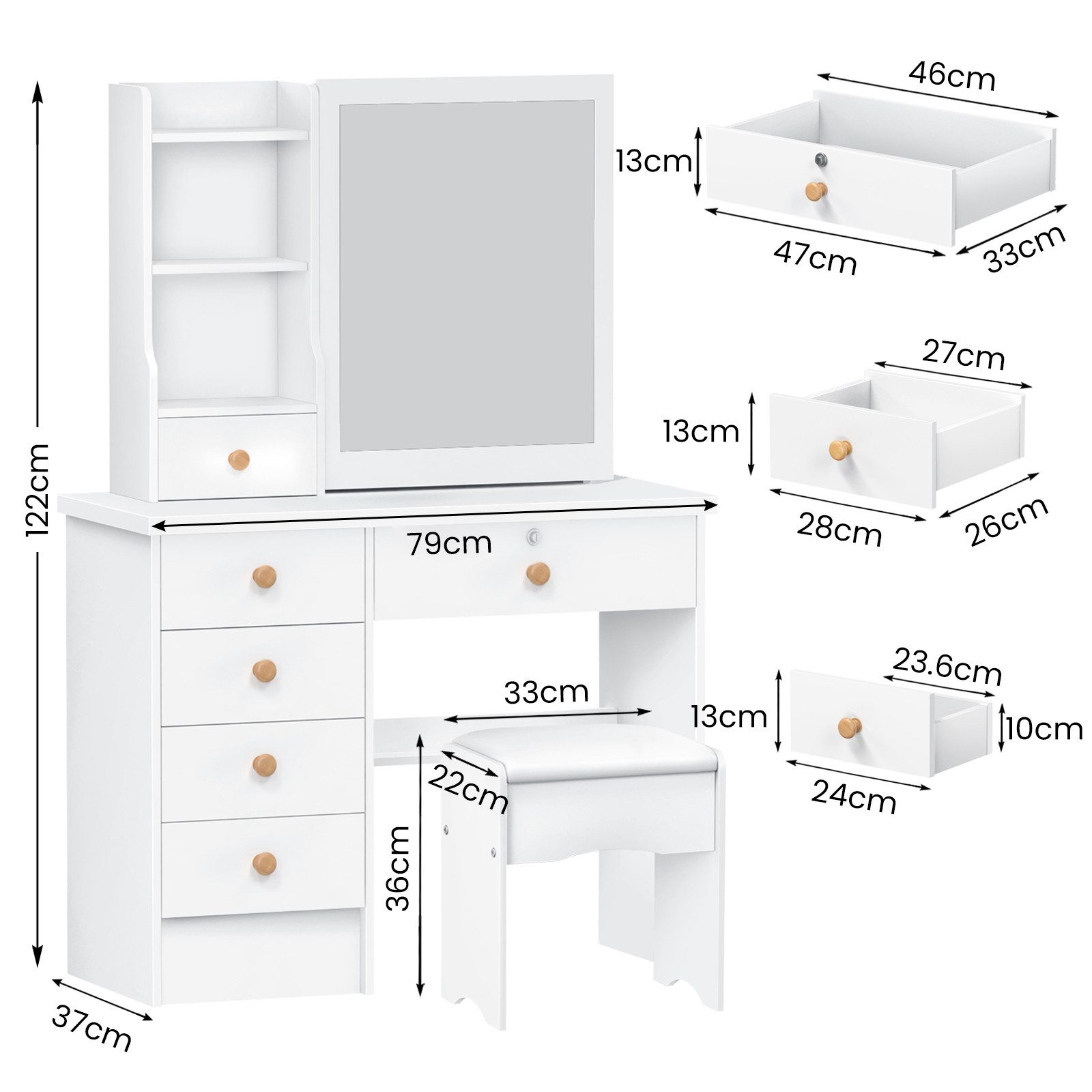 Rutaqian Schminktisch Frisiertisch mit Spiegel,6 Schubladen,3 offenes Regal,1 Hocker,Modern (Set, 1-St., 1 Tisch mit 1 Hocker), Kleiner Kosmetiktisch mit Stuhl,Schiebespiegel, für das Schlafzimmer