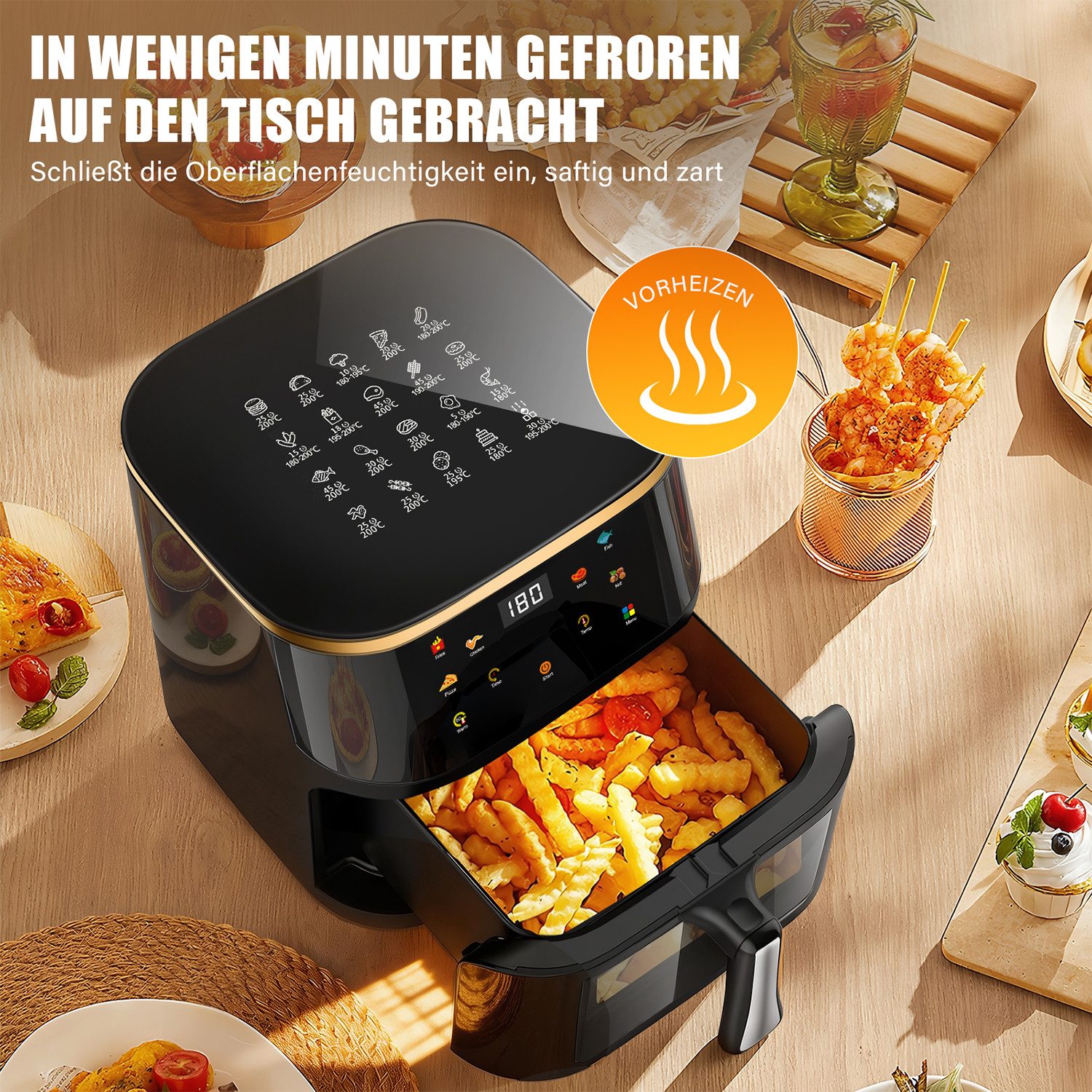 oyajia Heißluftfritteuse Air Fryer 9L XXL Heissluftfritteuse mit Sichtfenster, LED-Display, einstellbare Temperatur, 60-Minuten-Timer, Gesunde Friteuse ohne Öl, 1800 W